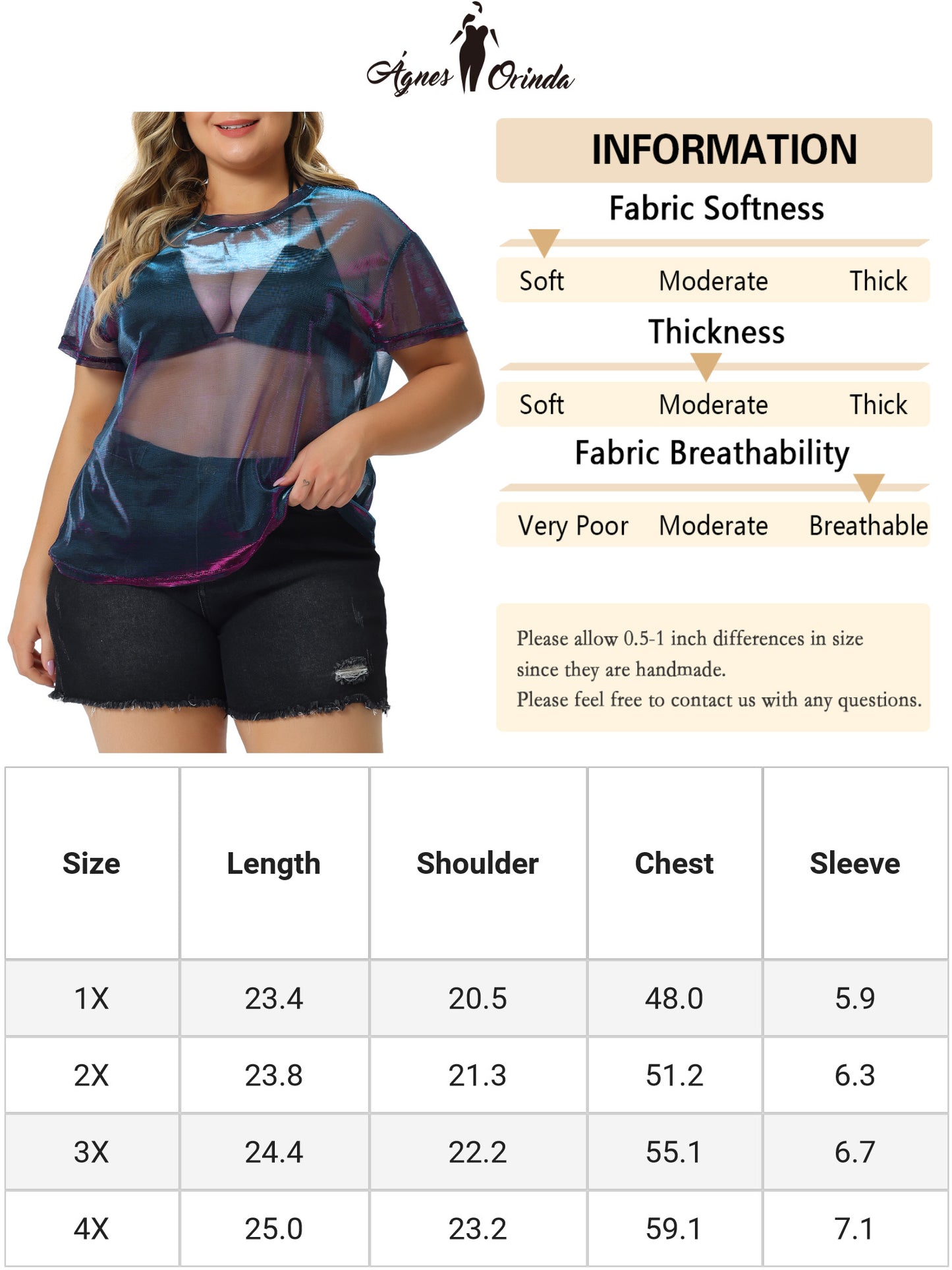 Women Plus Size Party Top Sheer Mesh Holographic See Through Sexy Top