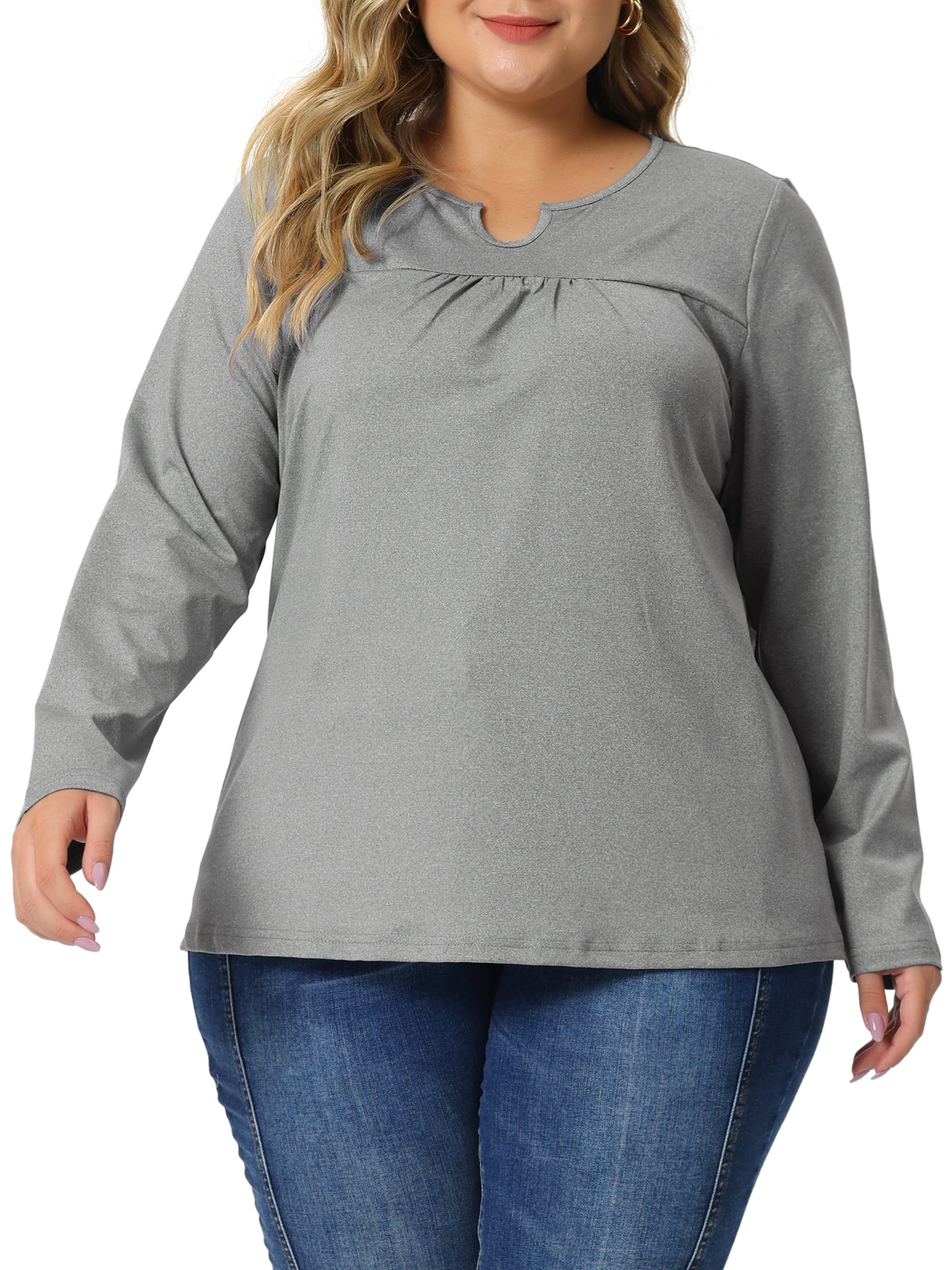 Women Plus Size Long Sleeve T-Shirts Notched Neck Loose Casual Top