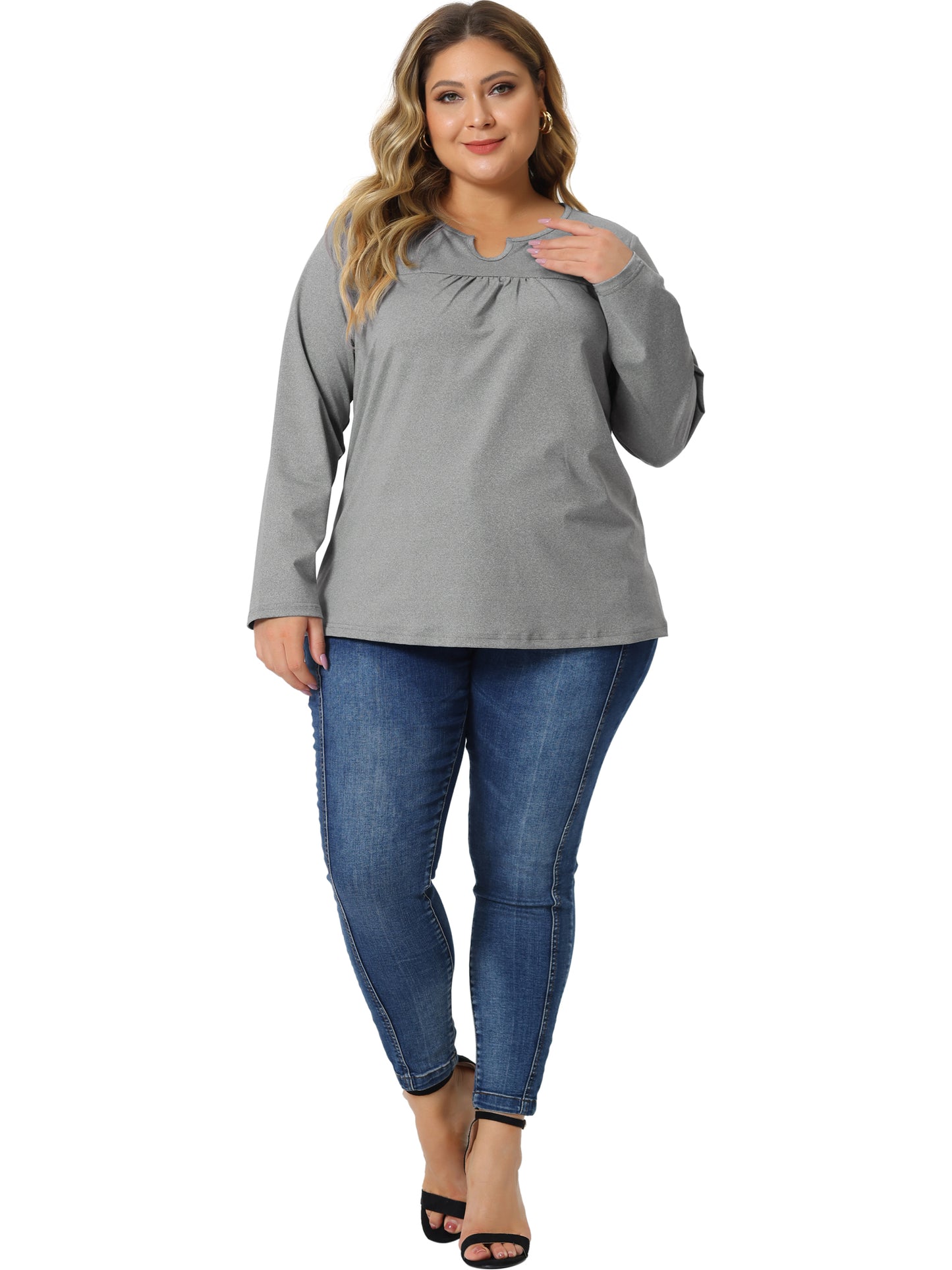 Women Plus Size Long Sleeve T-Shirts Notched Neck Loose Casual Top