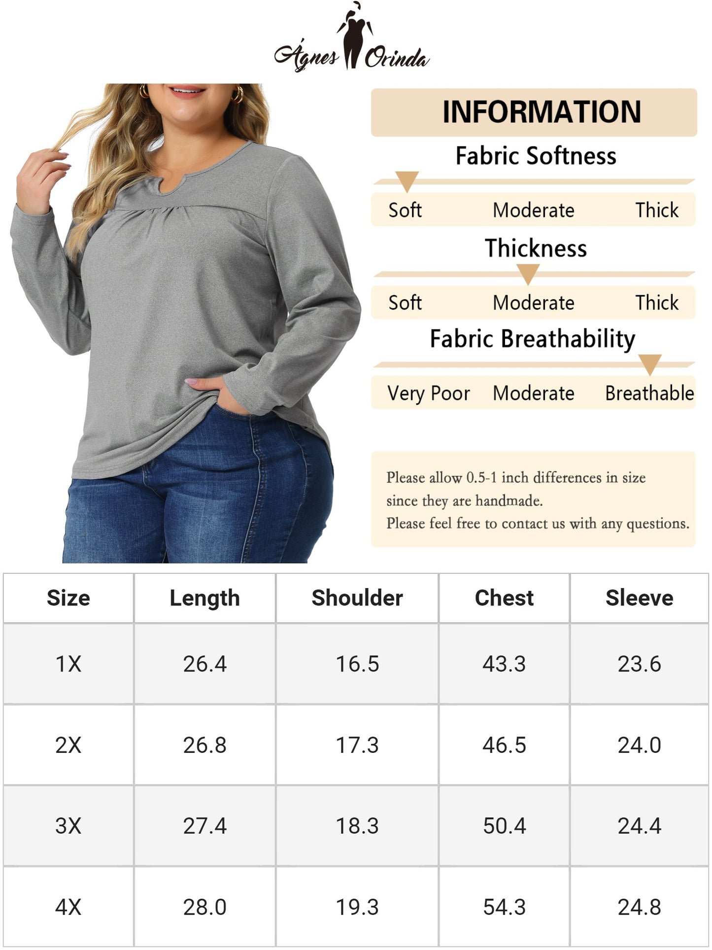 Women Plus Size Long Sleeve T-Shirts Notched Neck Loose Casual Top