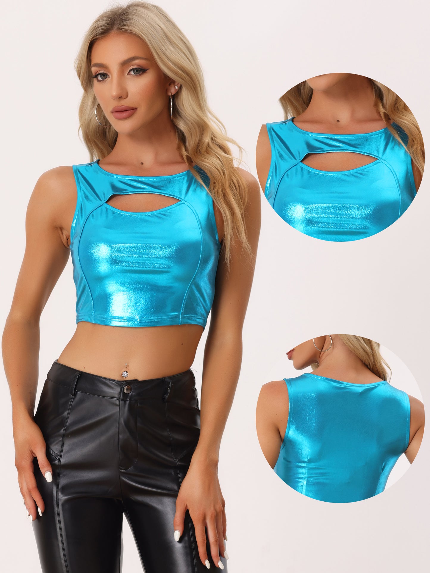 Women's Sleeveless Cut Out Party Clubwear Holographic Tank Metallic Crop Top