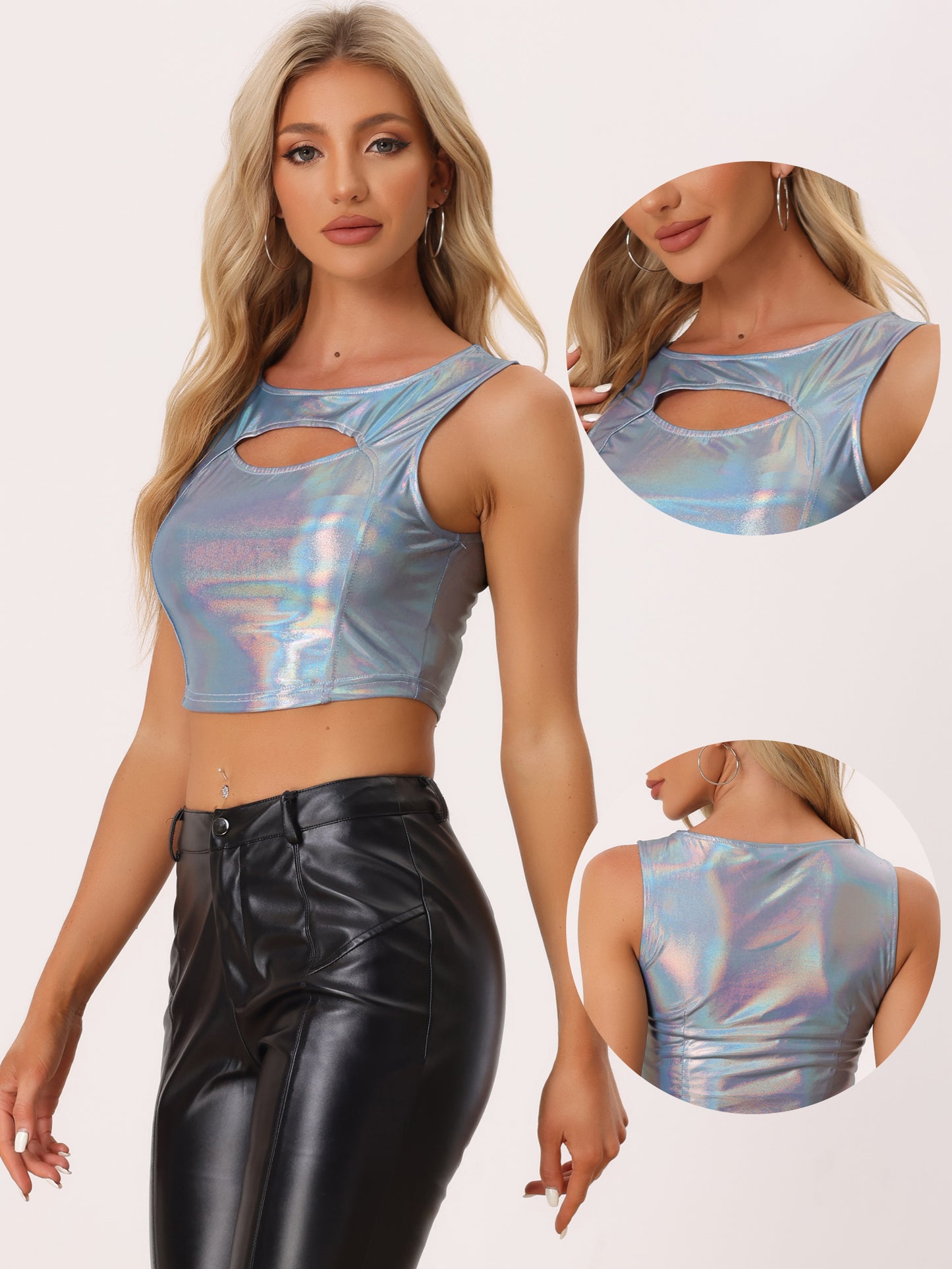 Women's Sleeveless Cut Out Party Clubwear Holographic Tank Metallic Crop Top