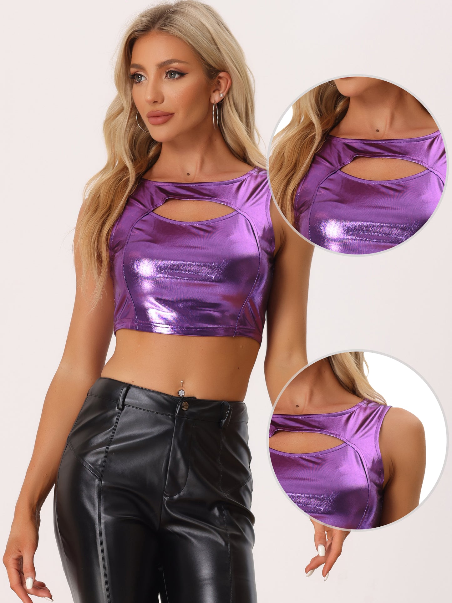Women's Sleeveless Cut Out Party Clubwear Holographic Tank Metallic Crop Top