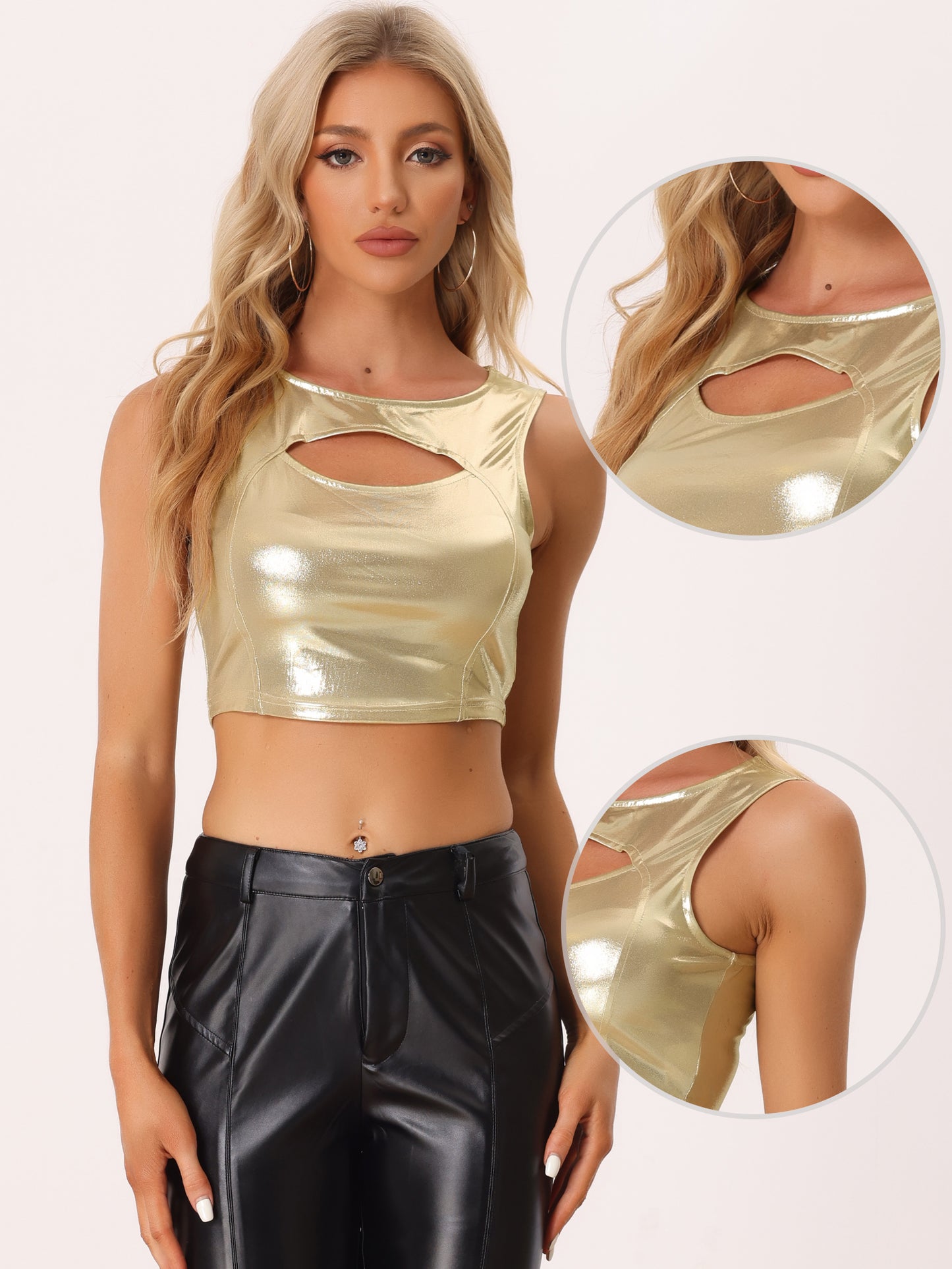 Women's Sleeveless Cut Out Party Clubwear Holographic Tank Metallic Crop Top