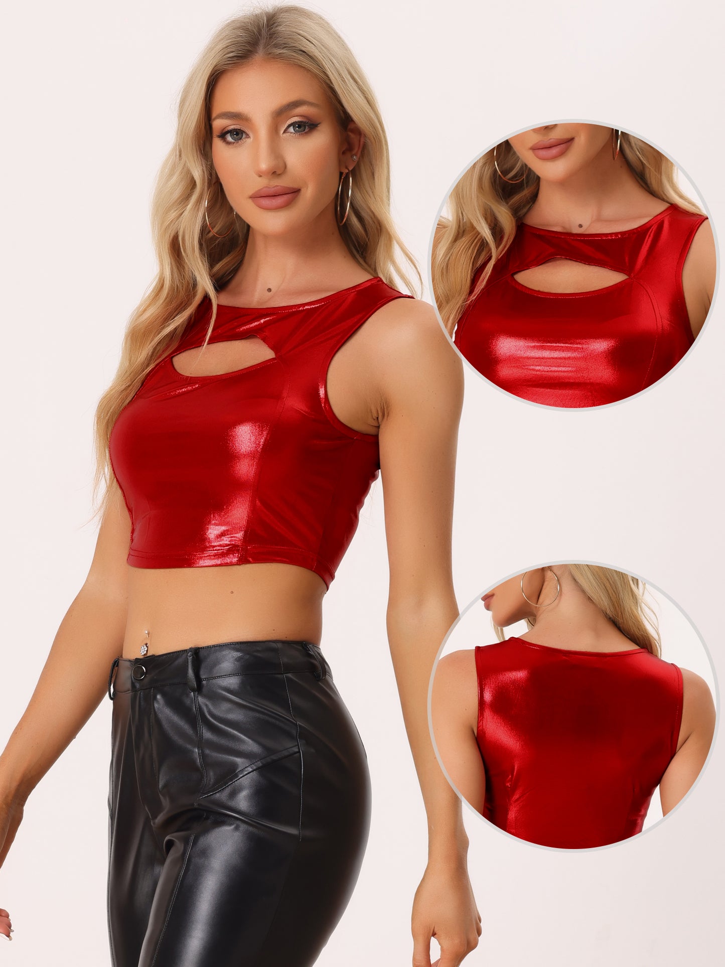 Women's Sleeveless Cut Out Party Clubwear Holographic Tank Metallic Crop Top