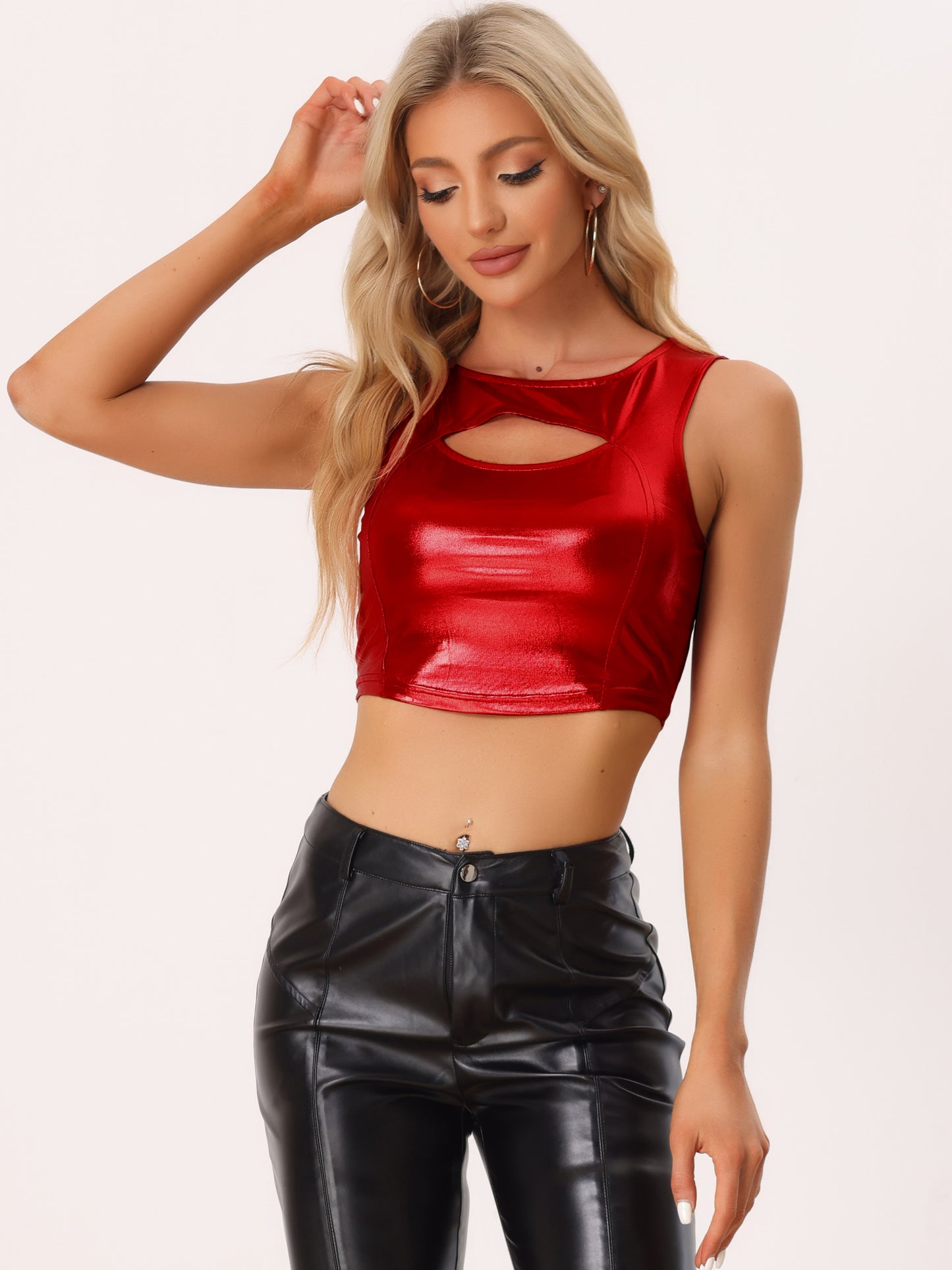 Women's Sleeveless Cut Out Party Clubwear Holographic Tank Metallic Crop Top