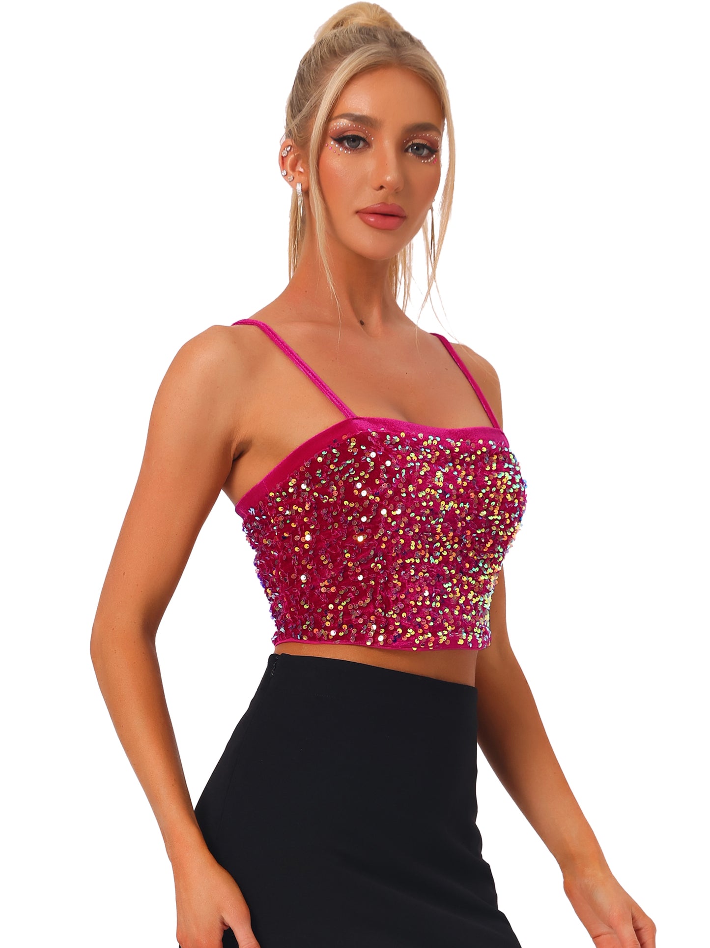Women's Velvet Spaghetti Strap Club Party Crop Tank Sequined Cami Top