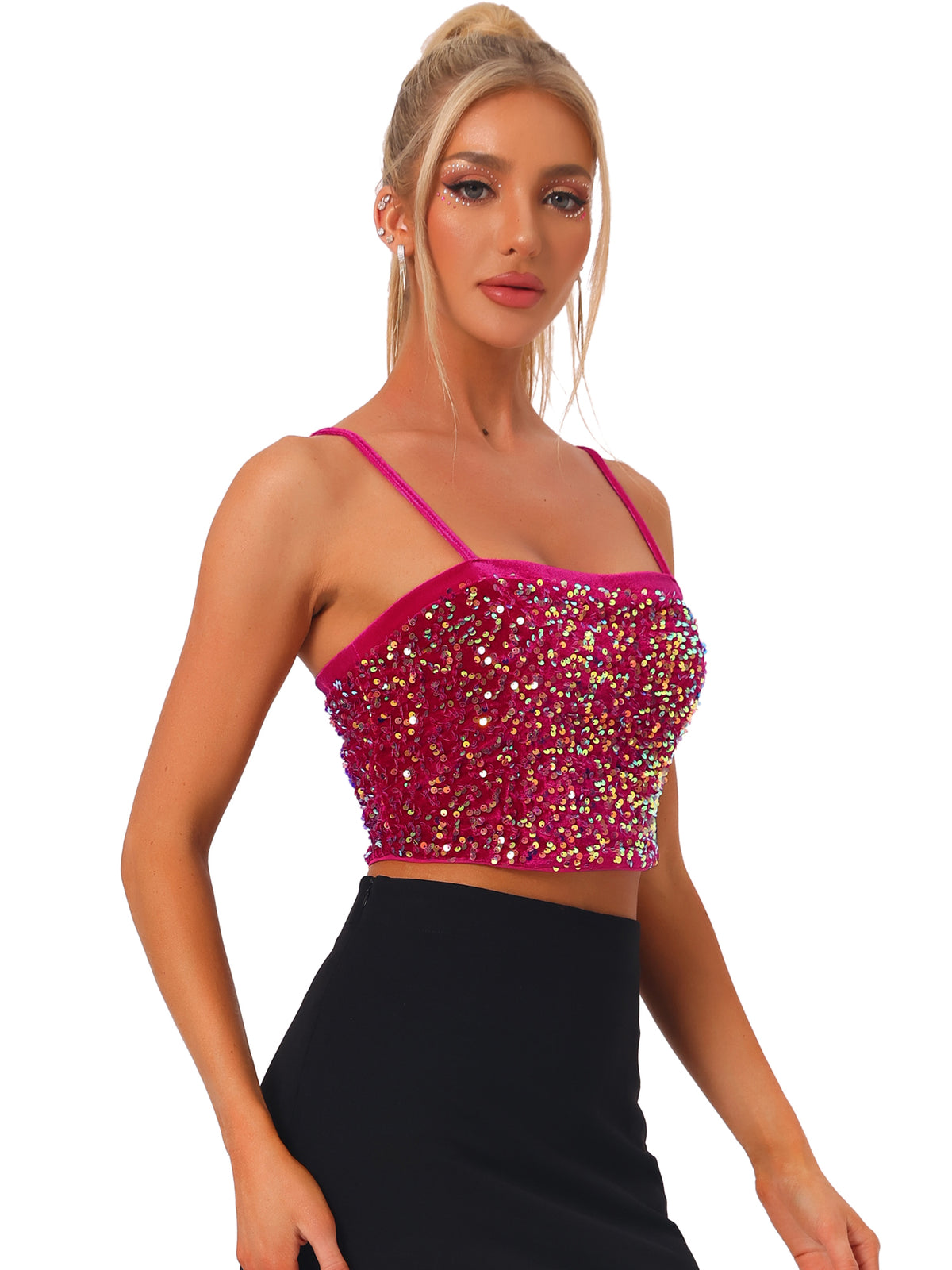 Women's Velvet Spaghetti Strap Club Party Crop Tank Sequined Cami Top