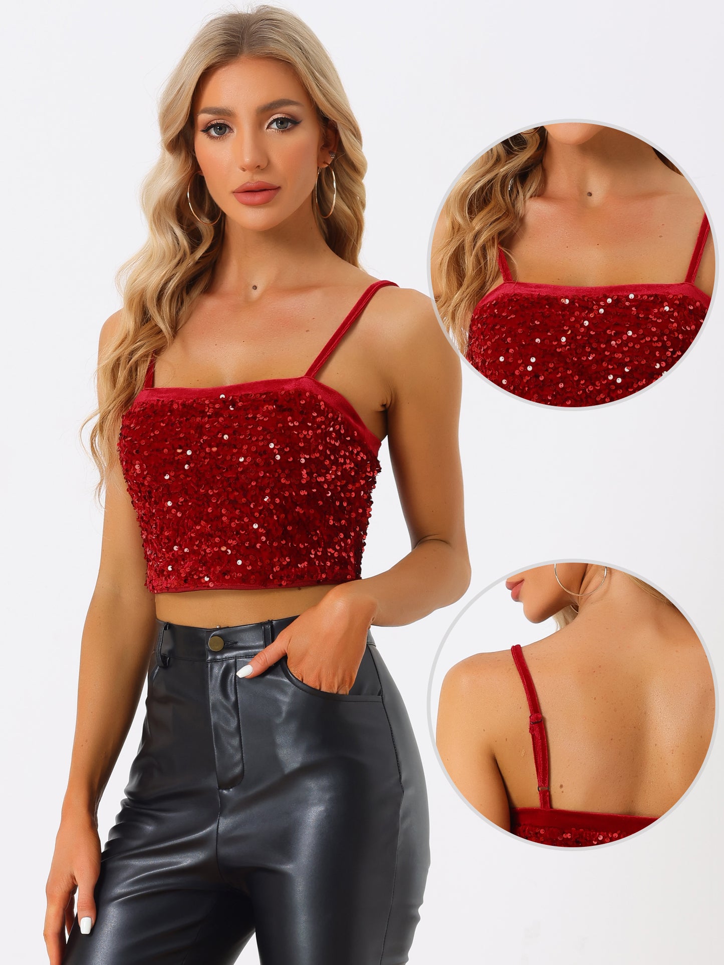 Top corto de tirantes finos de terciopelo con lentejuelas para mujer para fiesta en club
