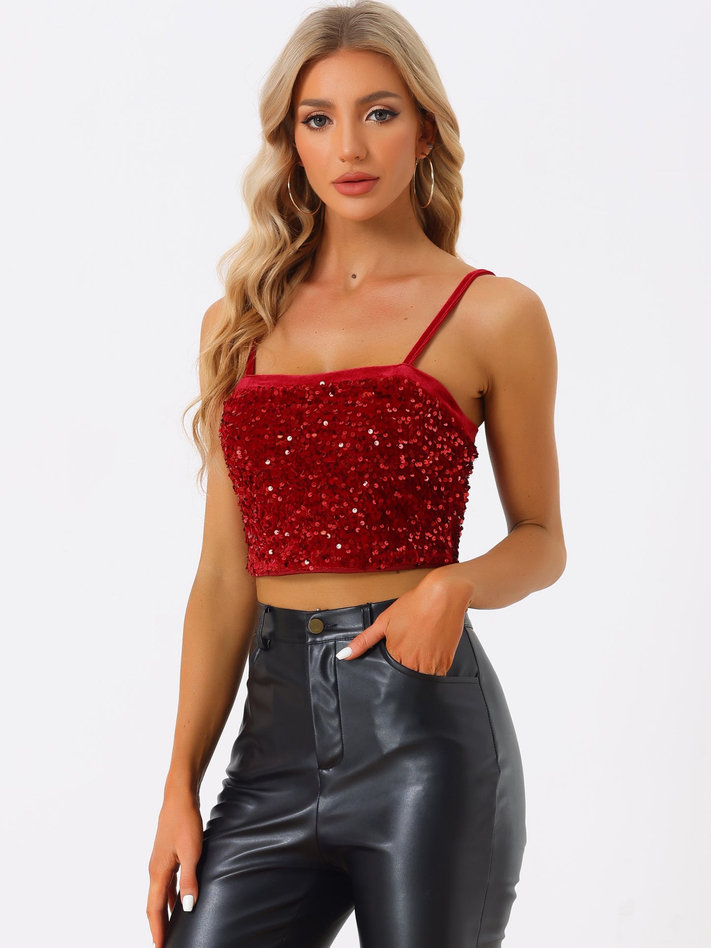 Top corto de tirantes finos de terciopelo con lentejuelas para mujer para fiesta en club