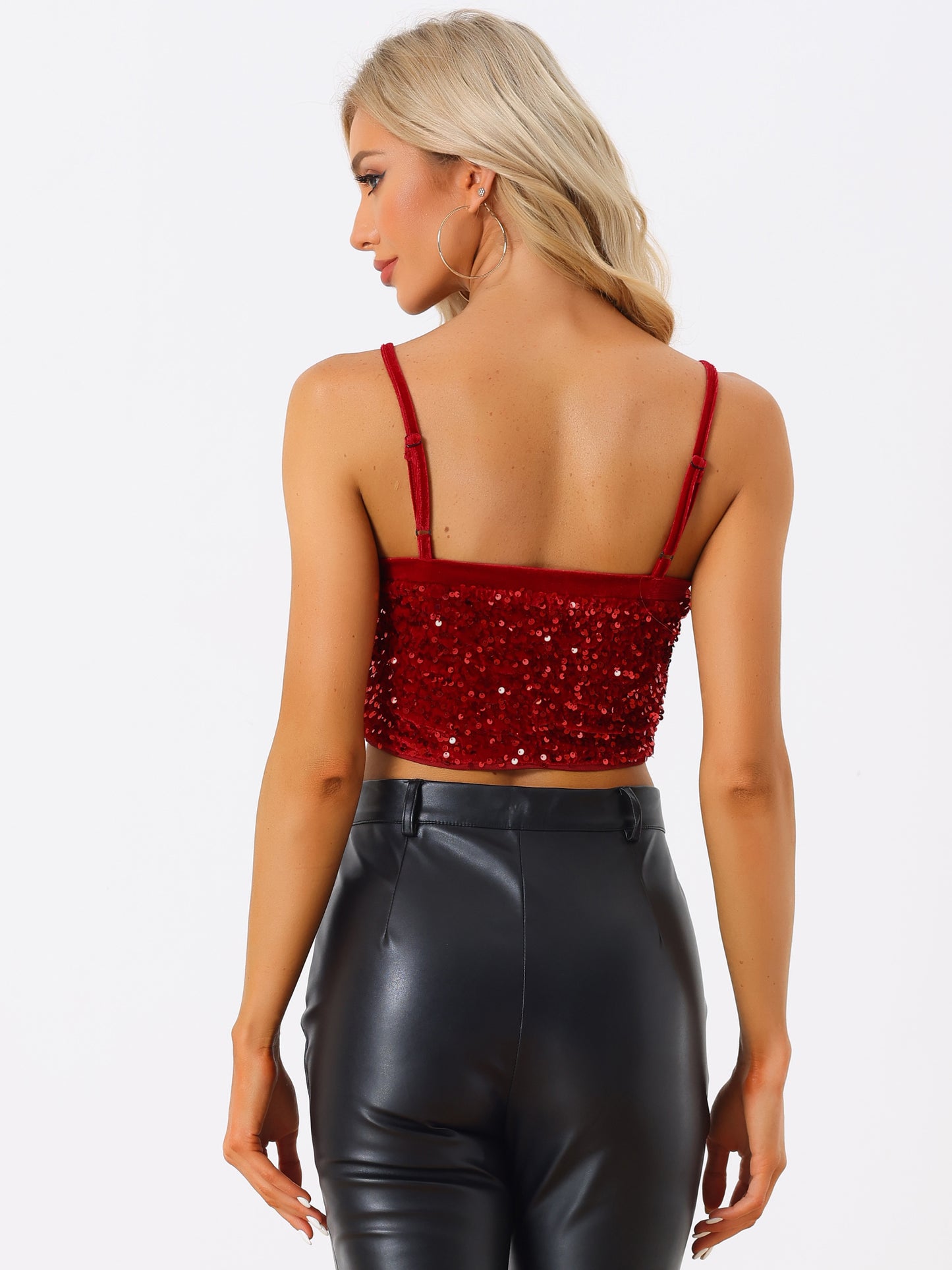 Top corto de tirantes finos de terciopelo con lentejuelas para mujer para fiesta en club
