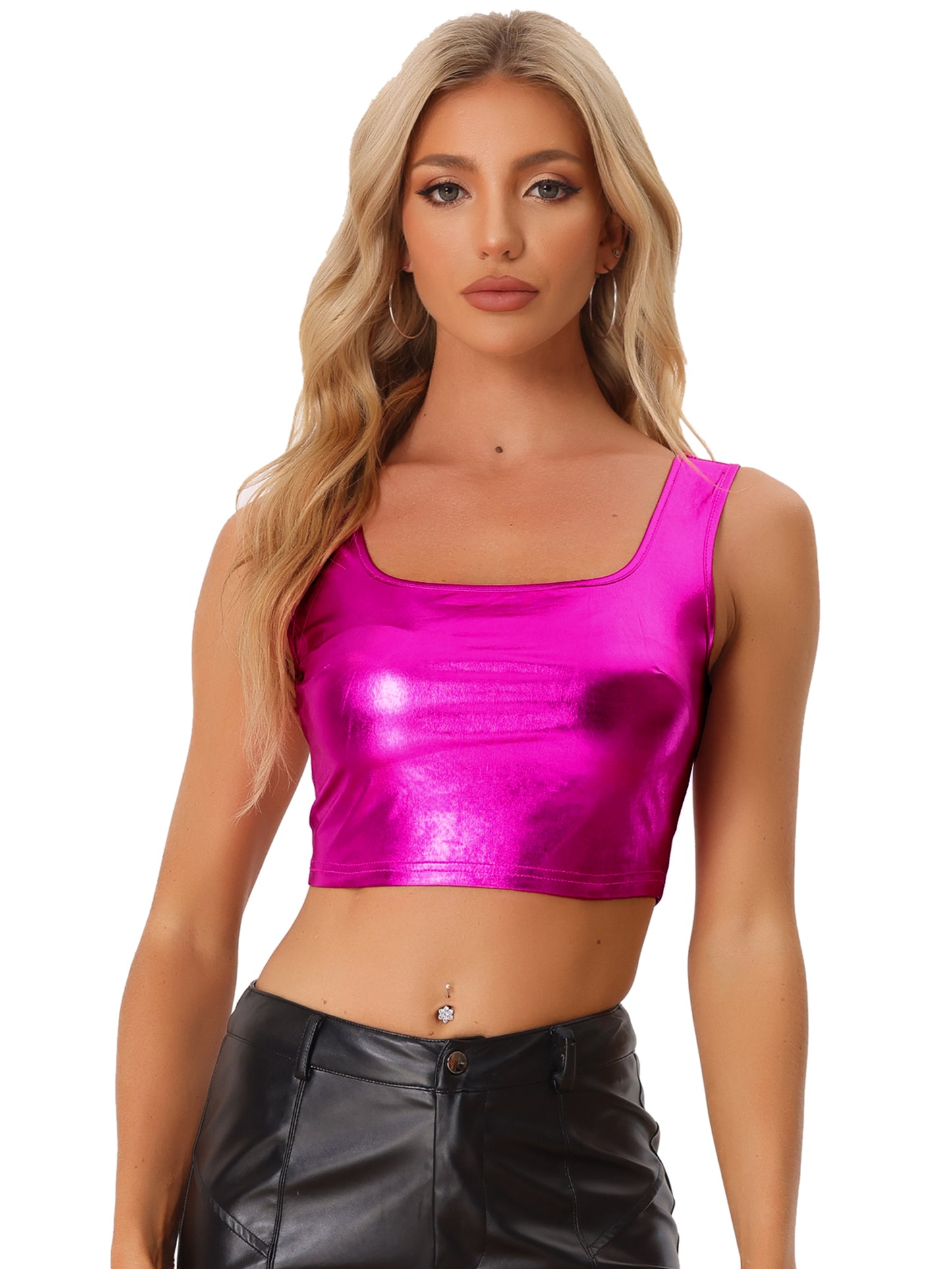 Women's U Neck Sleeveless Party Clubwear Holographic Shiny Metallic Cami Crop Top