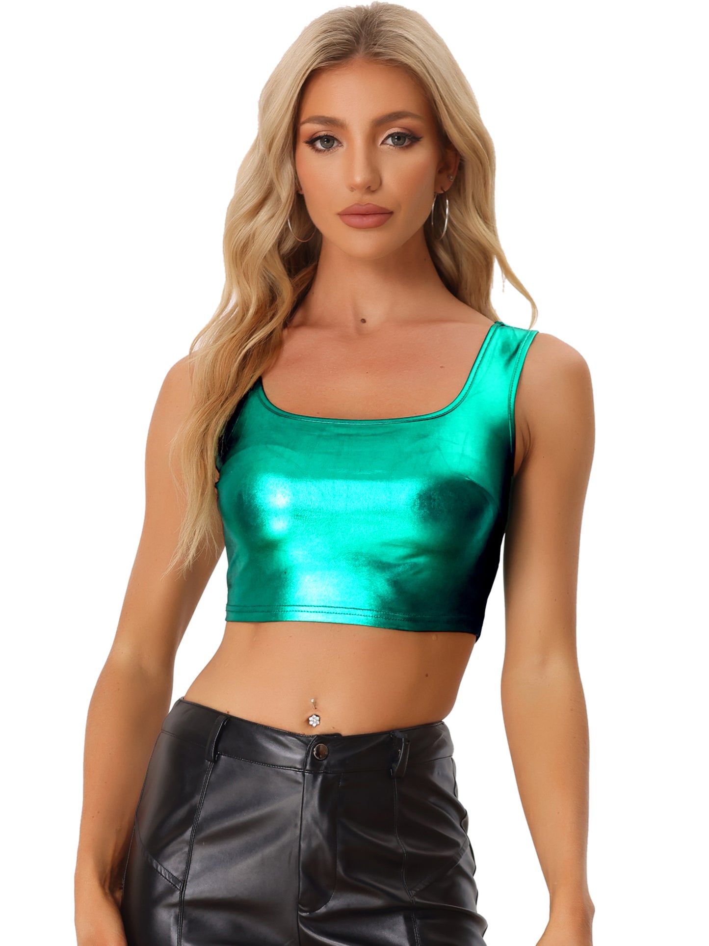 Women's U Neck Sleeveless Party Clubwear Holographic Shiny Metallic Cami Crop Top
