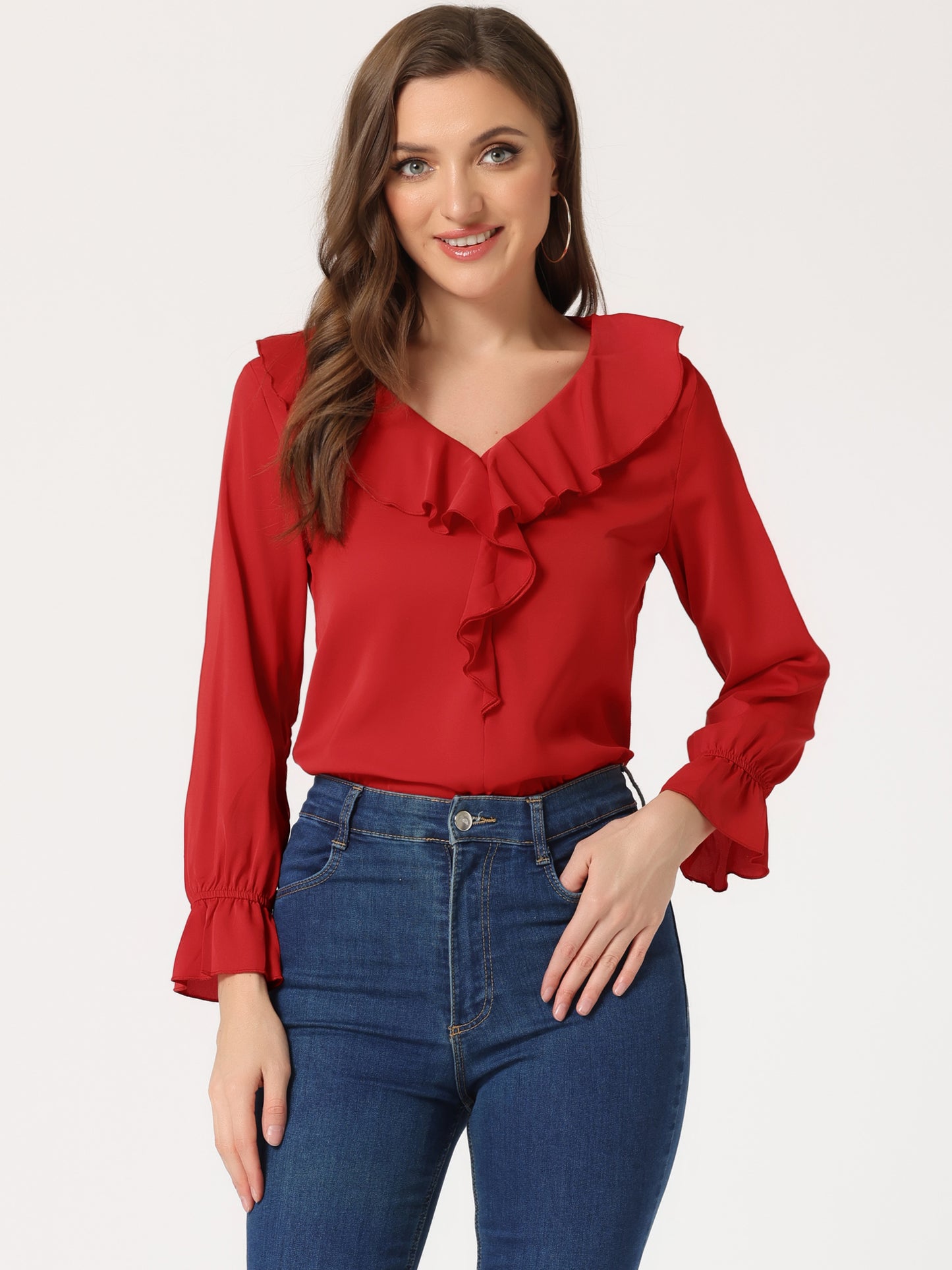Blusa elegante con volantes para mujer, cuello en V, manga larga, informal, elegante