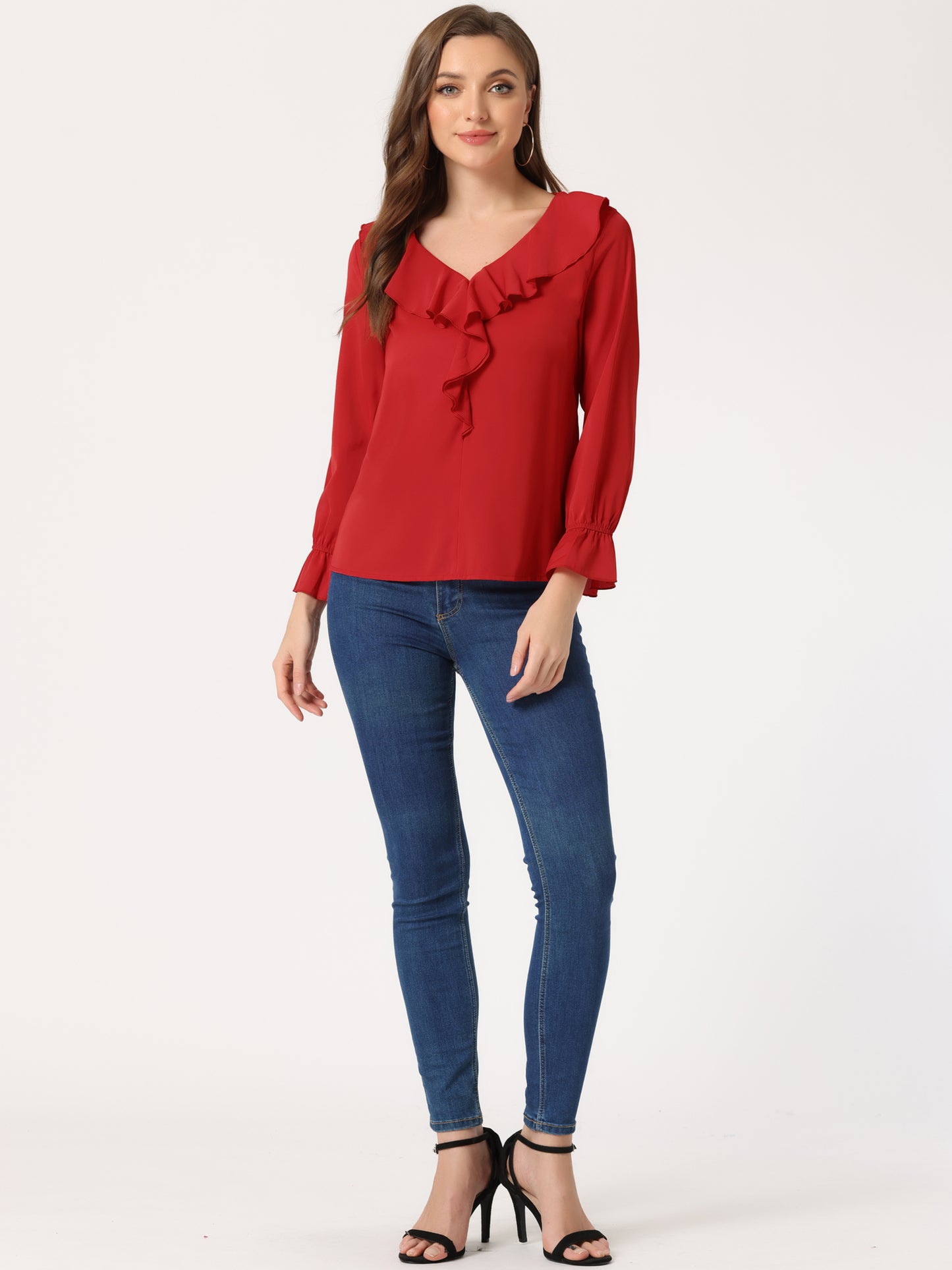 Blusa elegante con volantes para mujer, cuello en V, manga larga, informal, elegante
