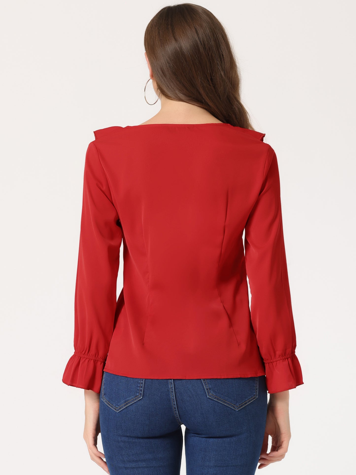Blusa elegante con volantes para mujer, cuello en V, manga larga, informal, elegante