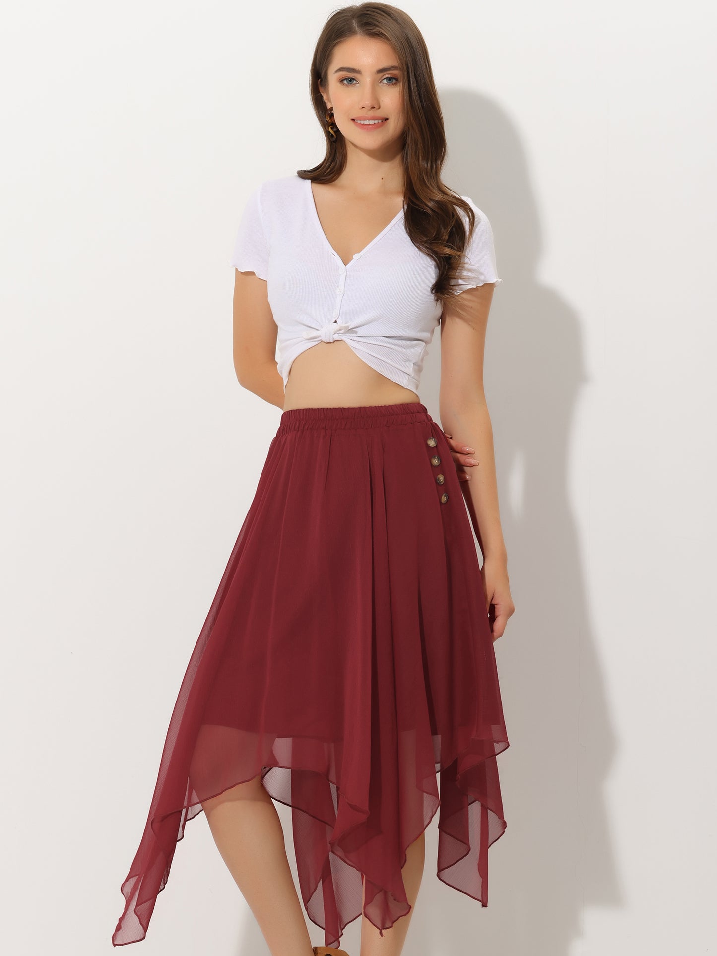 Falda midi de gasa con cintura elástica y dobladillo asimétrico para mujer, estilo vintage, estilo pañuelo