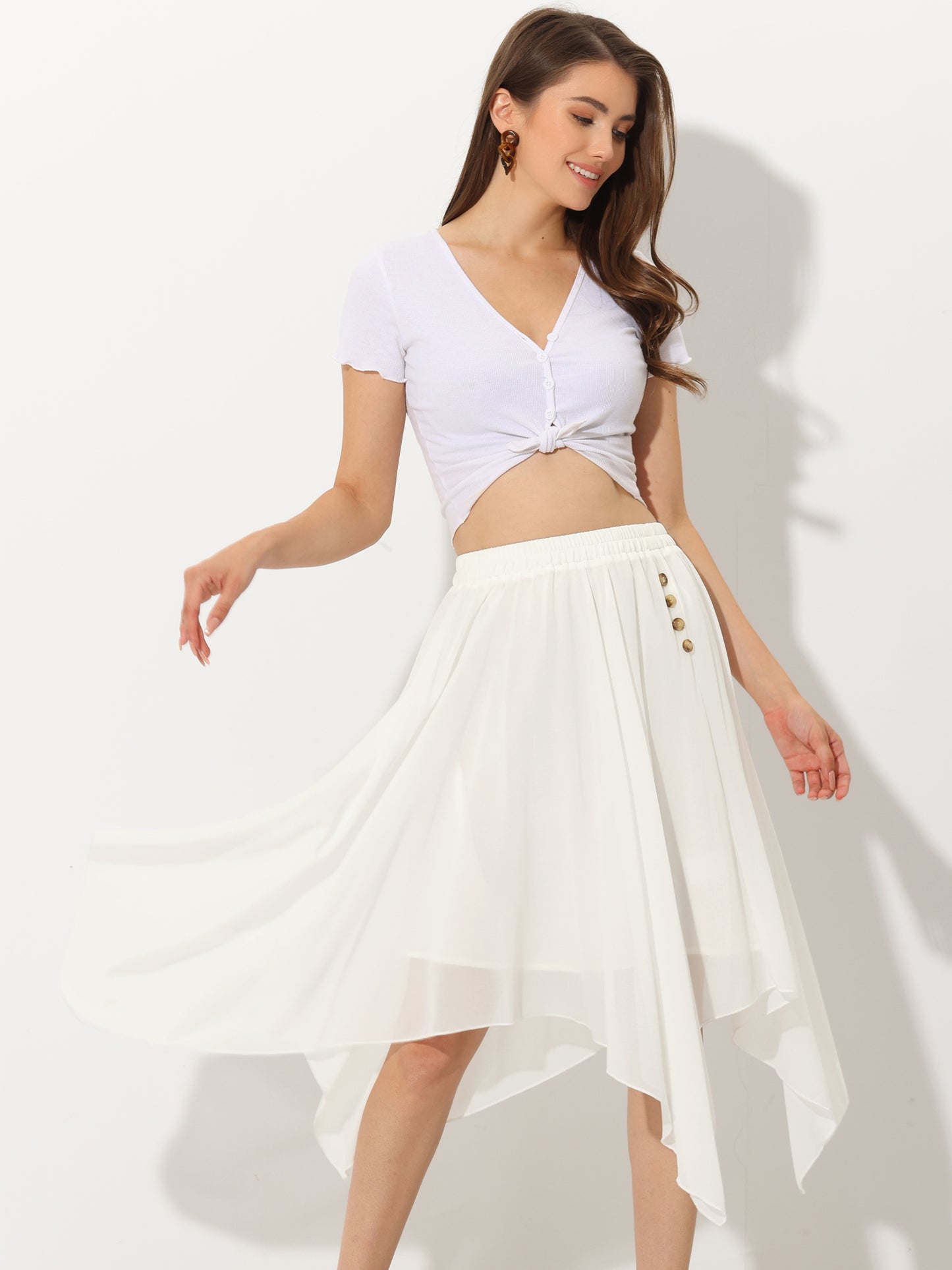 Falda midi de gasa con cintura elástica y dobladillo asimétrico para mujer, estilo vintage, estilo pañuelo