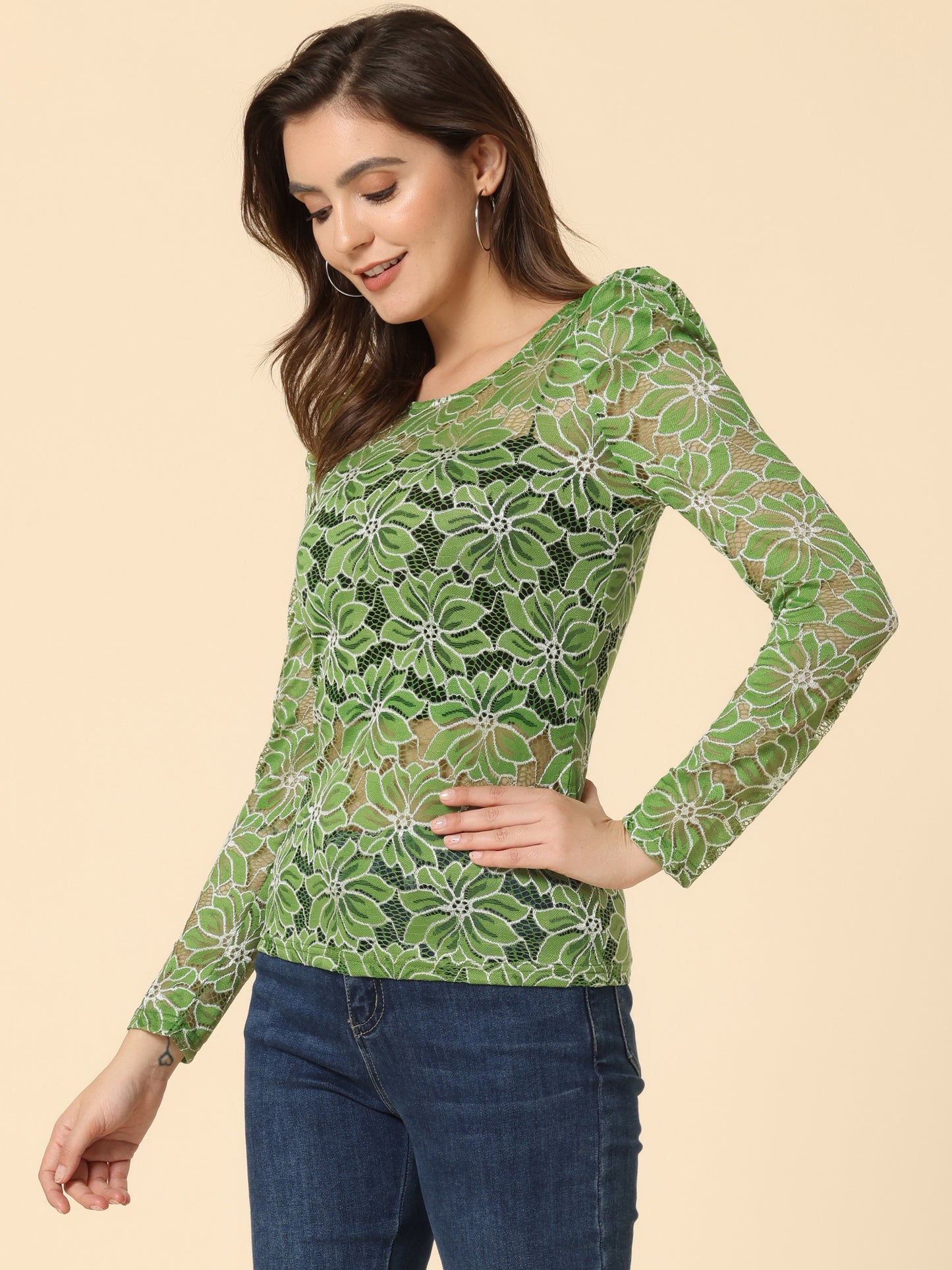 Women's Lace Embroidery Semi Sheer Vintage Puff Sleeve Top
