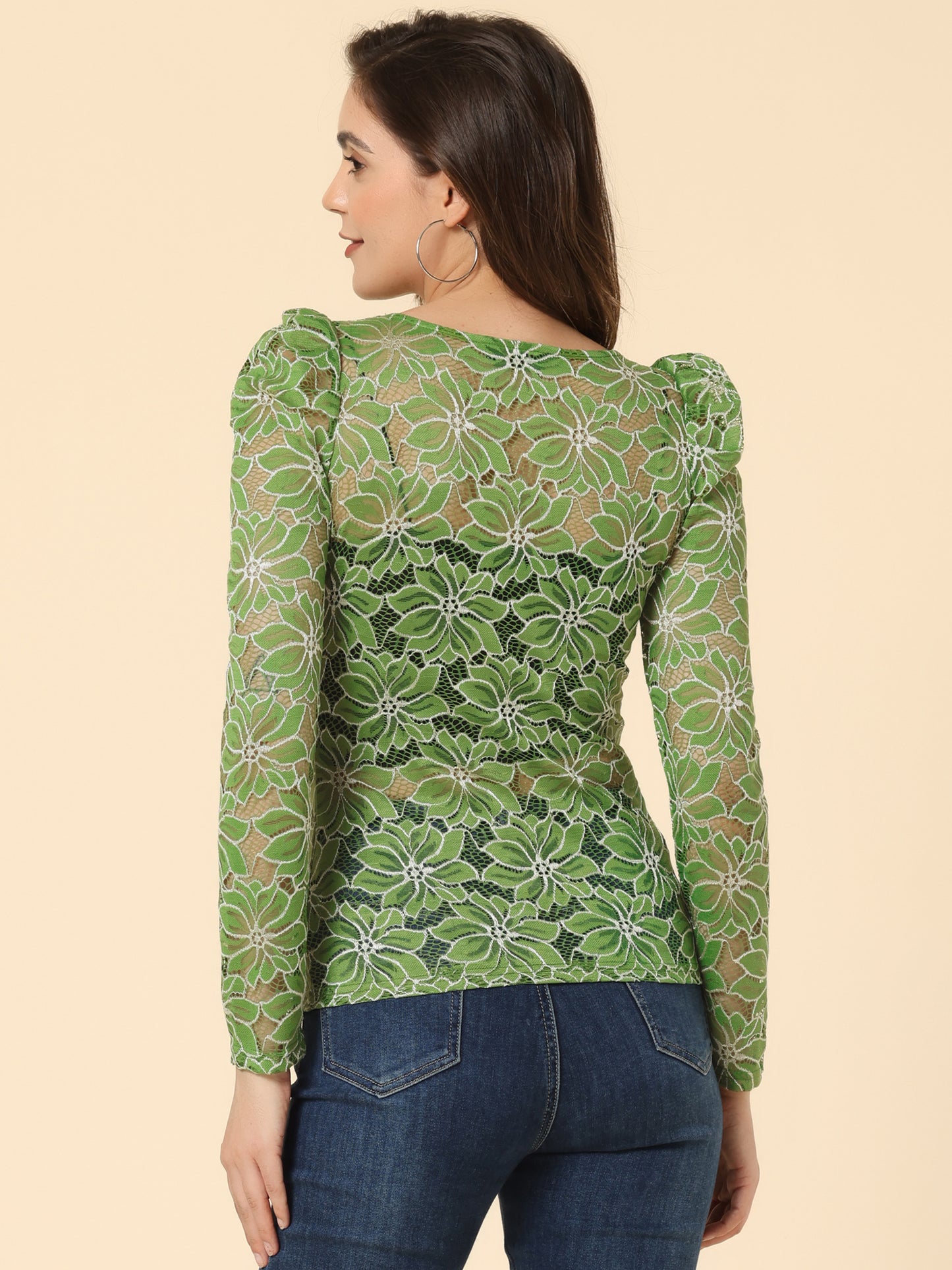Women's Lace Embroidery Semi Sheer Vintage Puff Sleeve Top