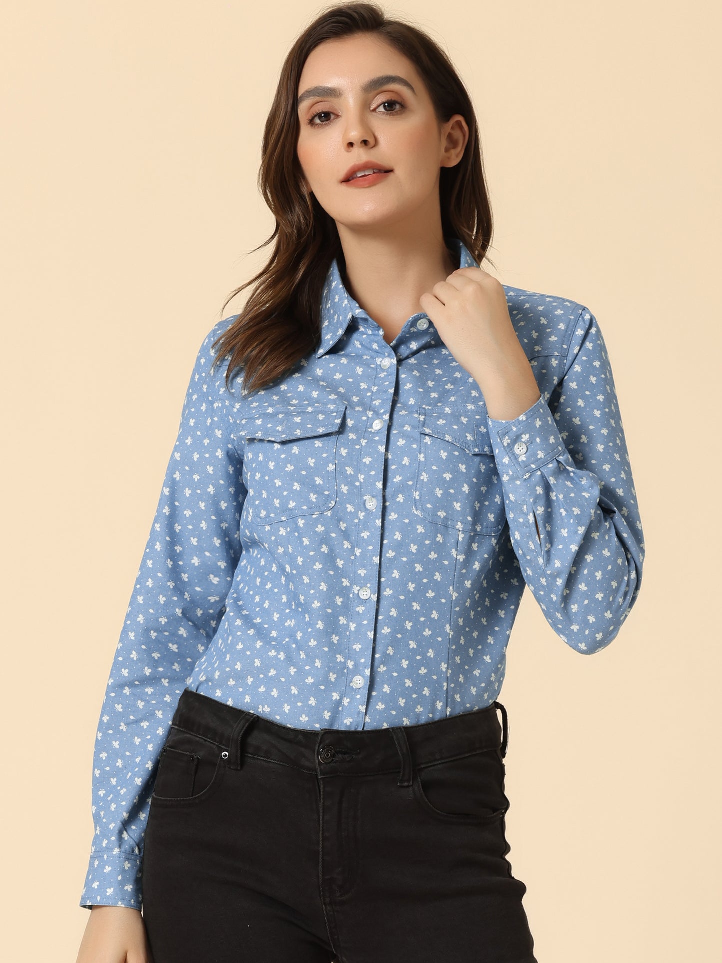 Women's Long Sleeve Point Collar Chambray Poplin Button Down Denim Shirt