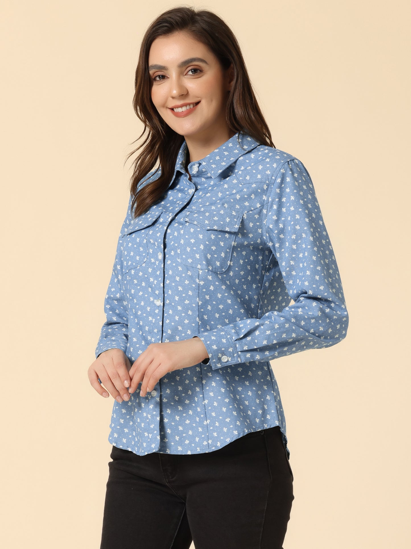 Women's Long Sleeve Point Collar Chambray Poplin Button Down Denim Shirt