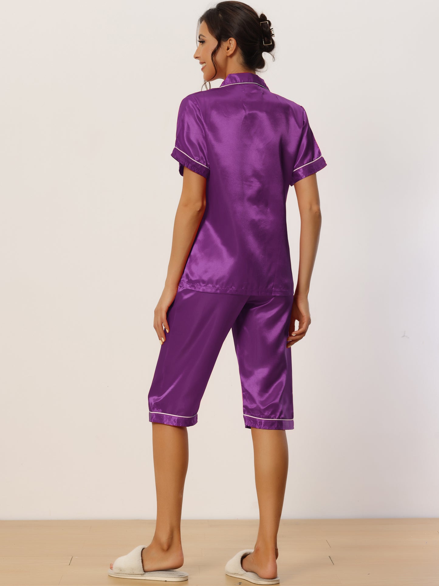 Women's Satin Pajamas Sleepwear Button Down Lounge Silk Pjs Set with Capri Pants