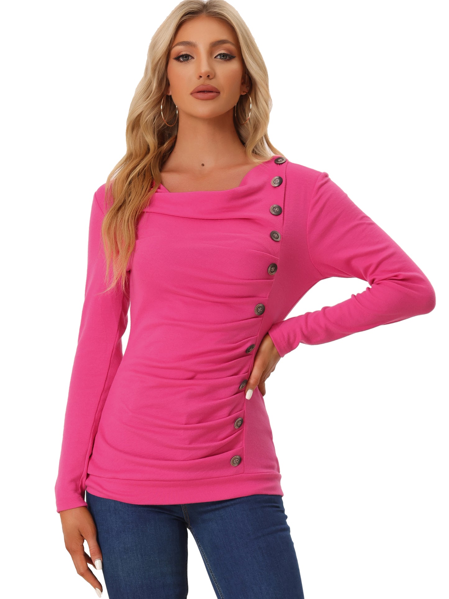 Women's Cowl Neck Long Sleeves Buttons Decor Ruched Top