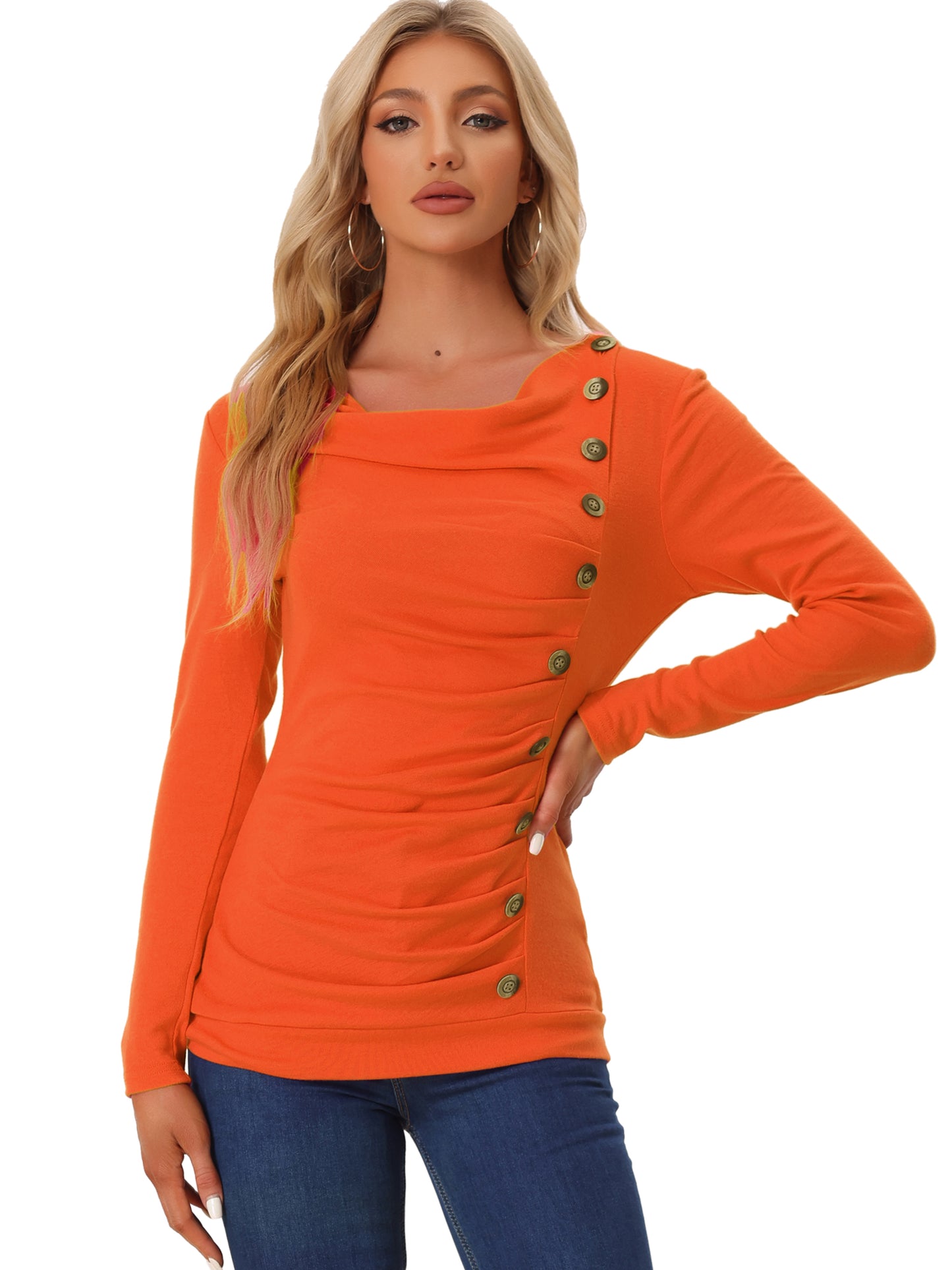 Women's Cowl Neck Long Sleeves Buttons Decor Ruched Top