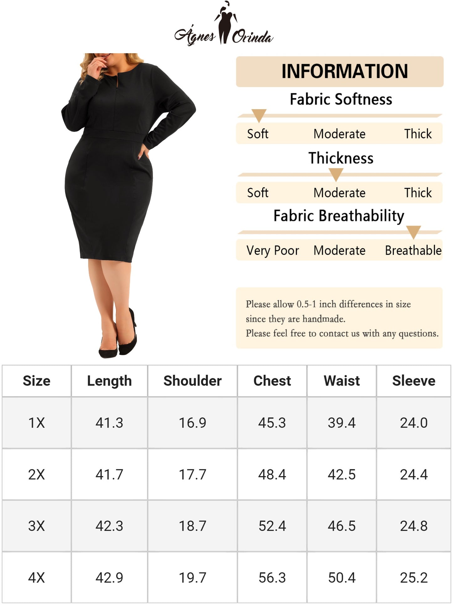 Women Plus Size Sheath Dress Office Work Long Sleeves Dress