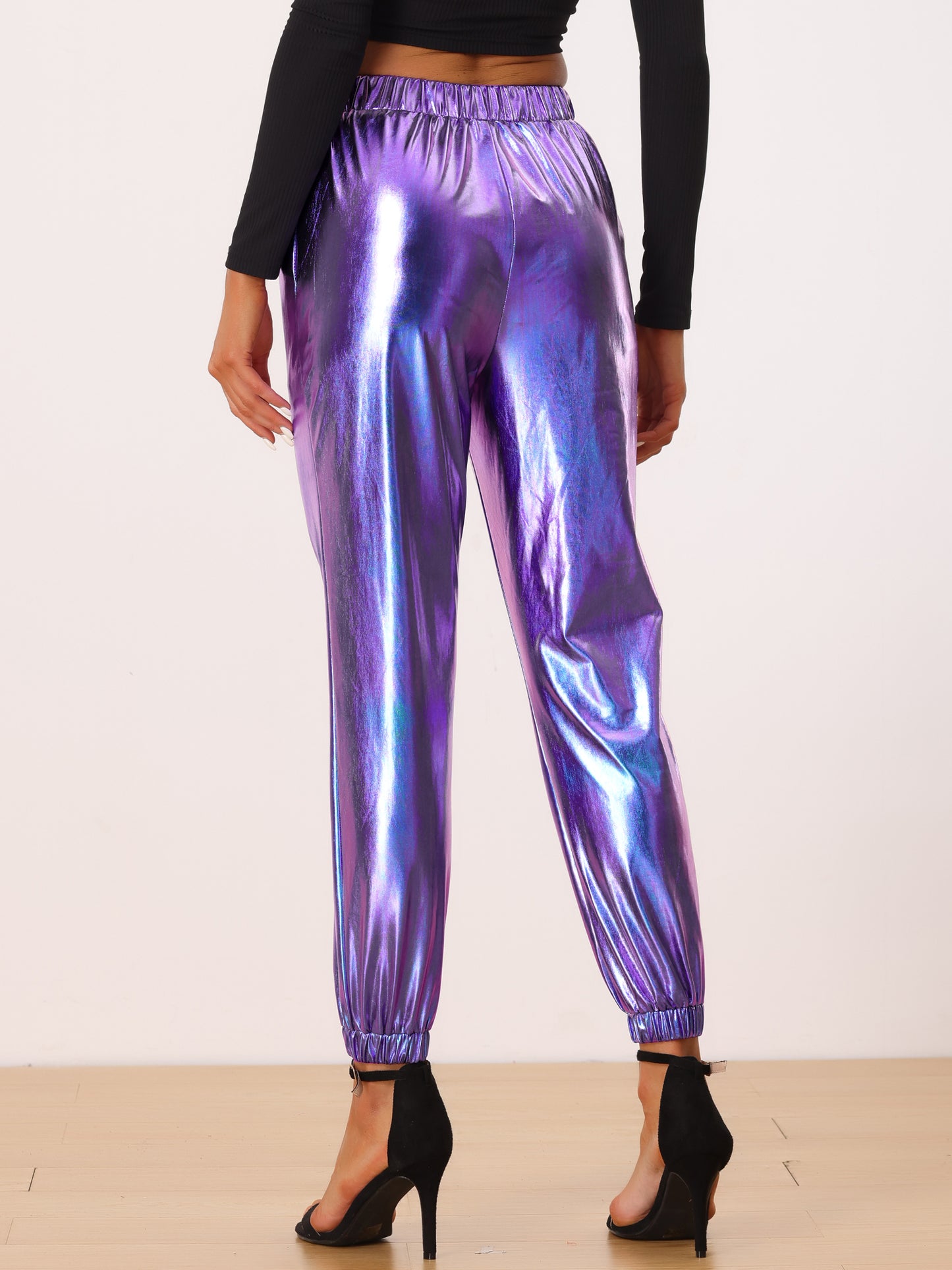 Women's Metallic Trousers Festive Shiny Sparkle Elastic Waist Holographic Pants
