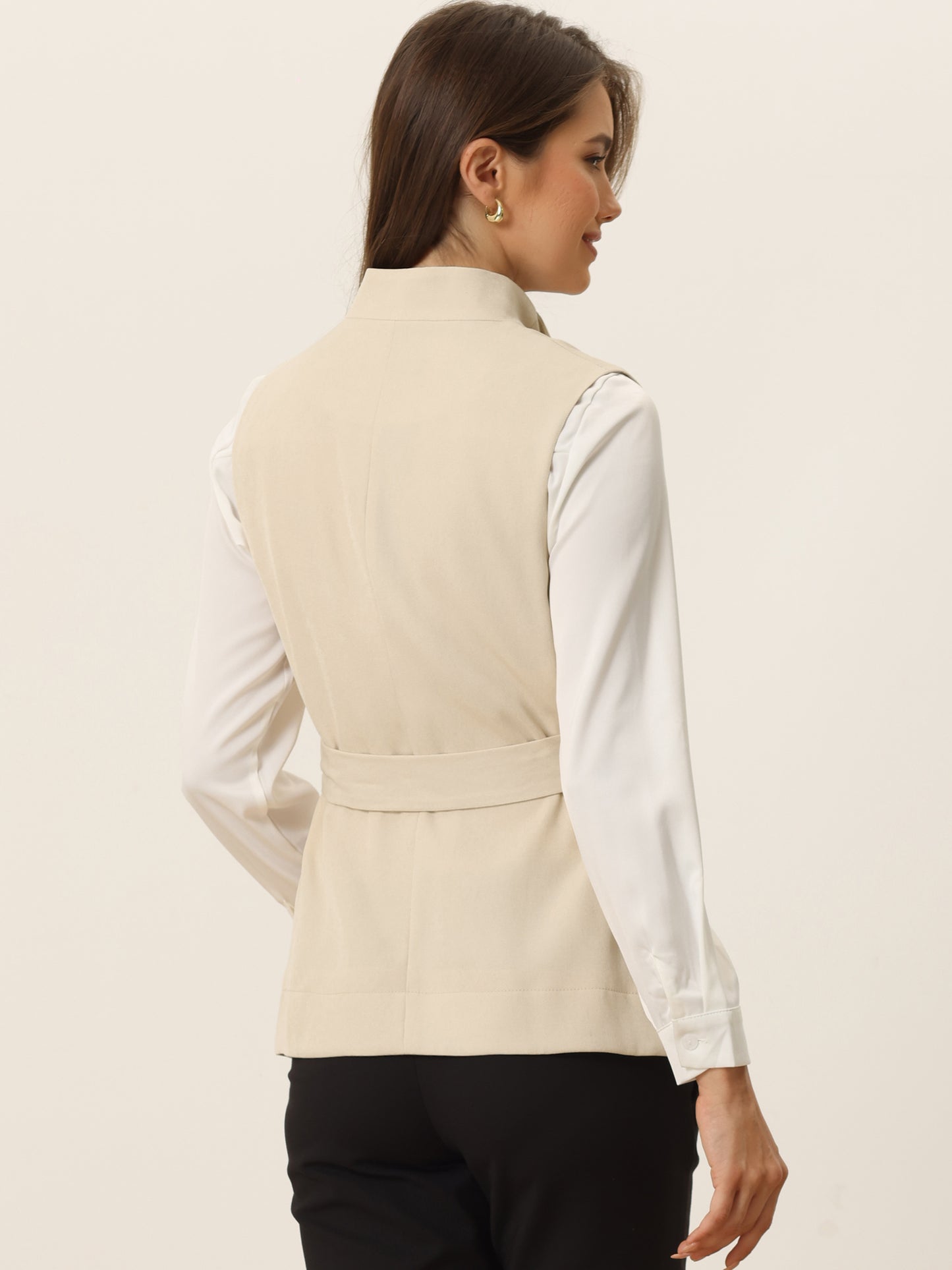 Women's Sleeveless Blazer Casual Shawl Collar Belted Work Office Suit Vest Jacket