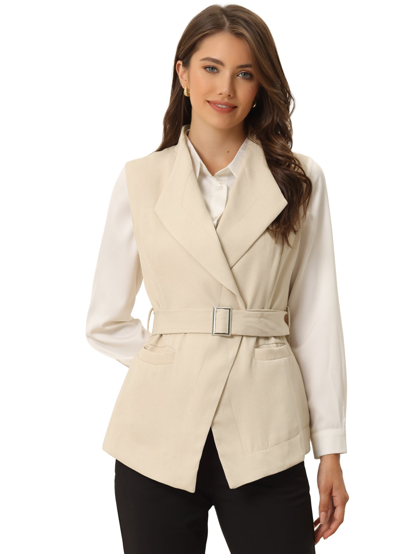 Women's Sleeveless Blazer Casual Shawl Collar Belted Work Office Suit Vest Jacket