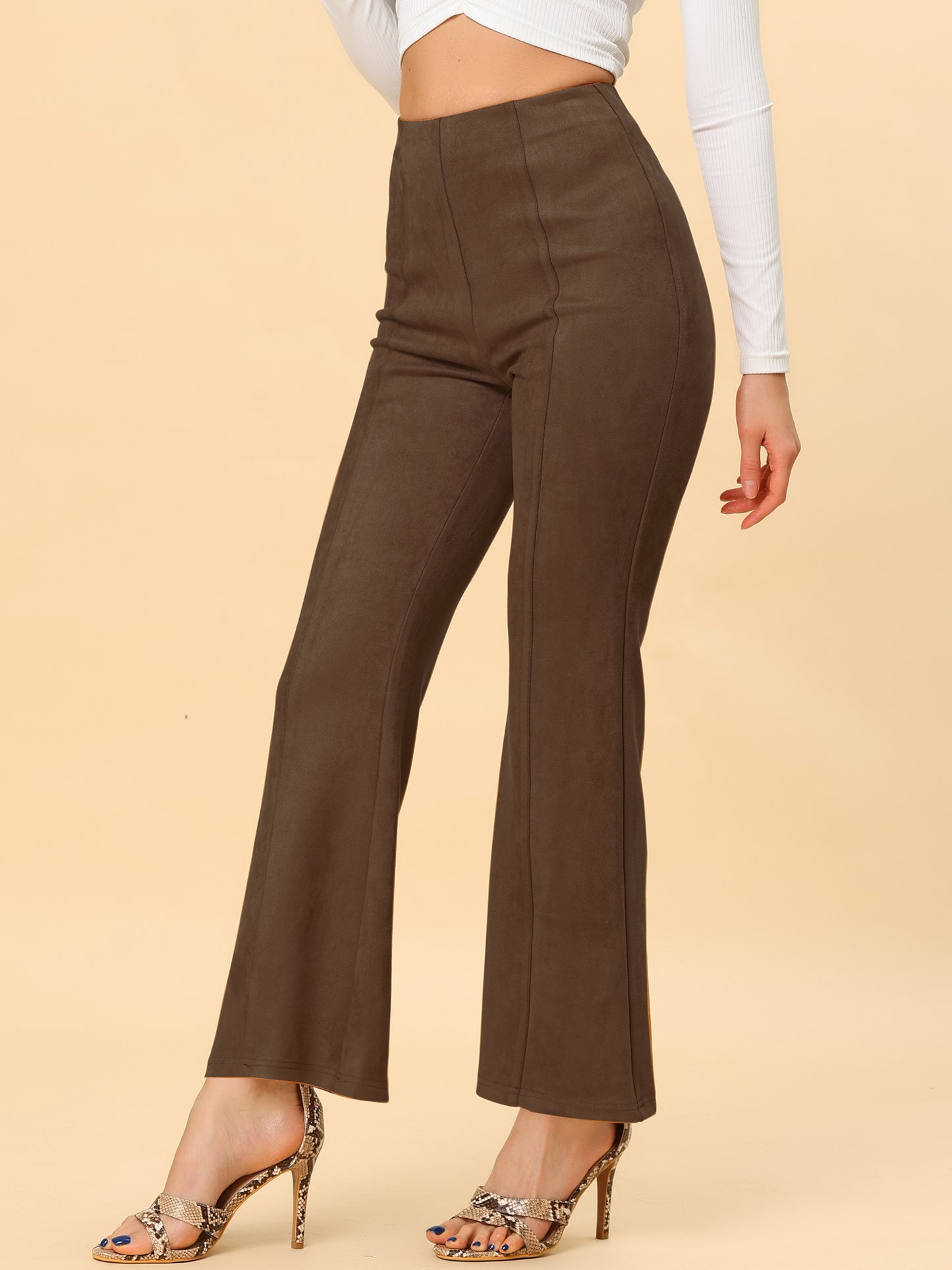 Women's Faux Suede Pants Business Casual Wide Legs Bell Bottom Flared Trousers (Available in Plus Size)