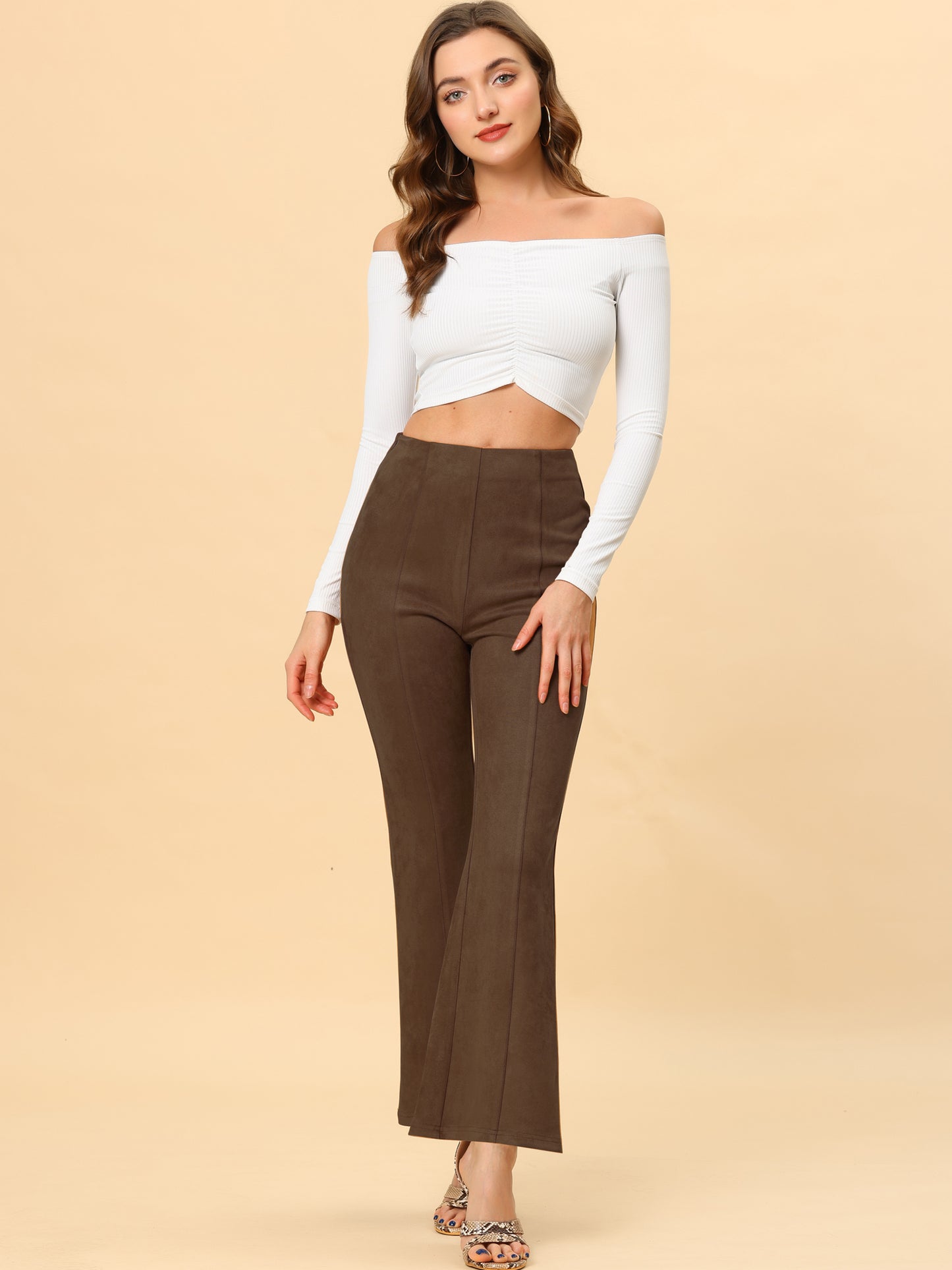 Women's Faux Suede Pants Business Casual Wide Legs Bell Bottom Flared Trousers (Available in Plus Size)