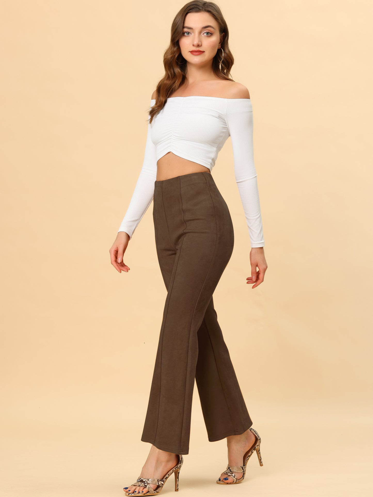 Women's Faux Suede Pants Business Casual Wide Legs Bell Bottom Flared Trousers (Available in Plus Size)