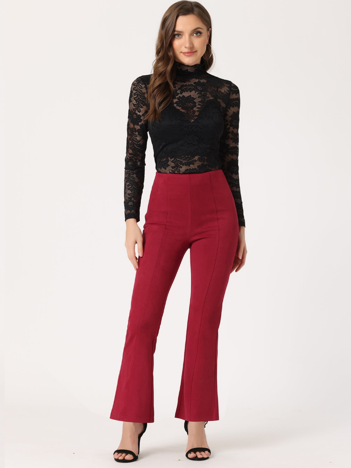 Women's Faux Suede Pants Business Casual Wide Legs Bell Bottom Flared Trousers