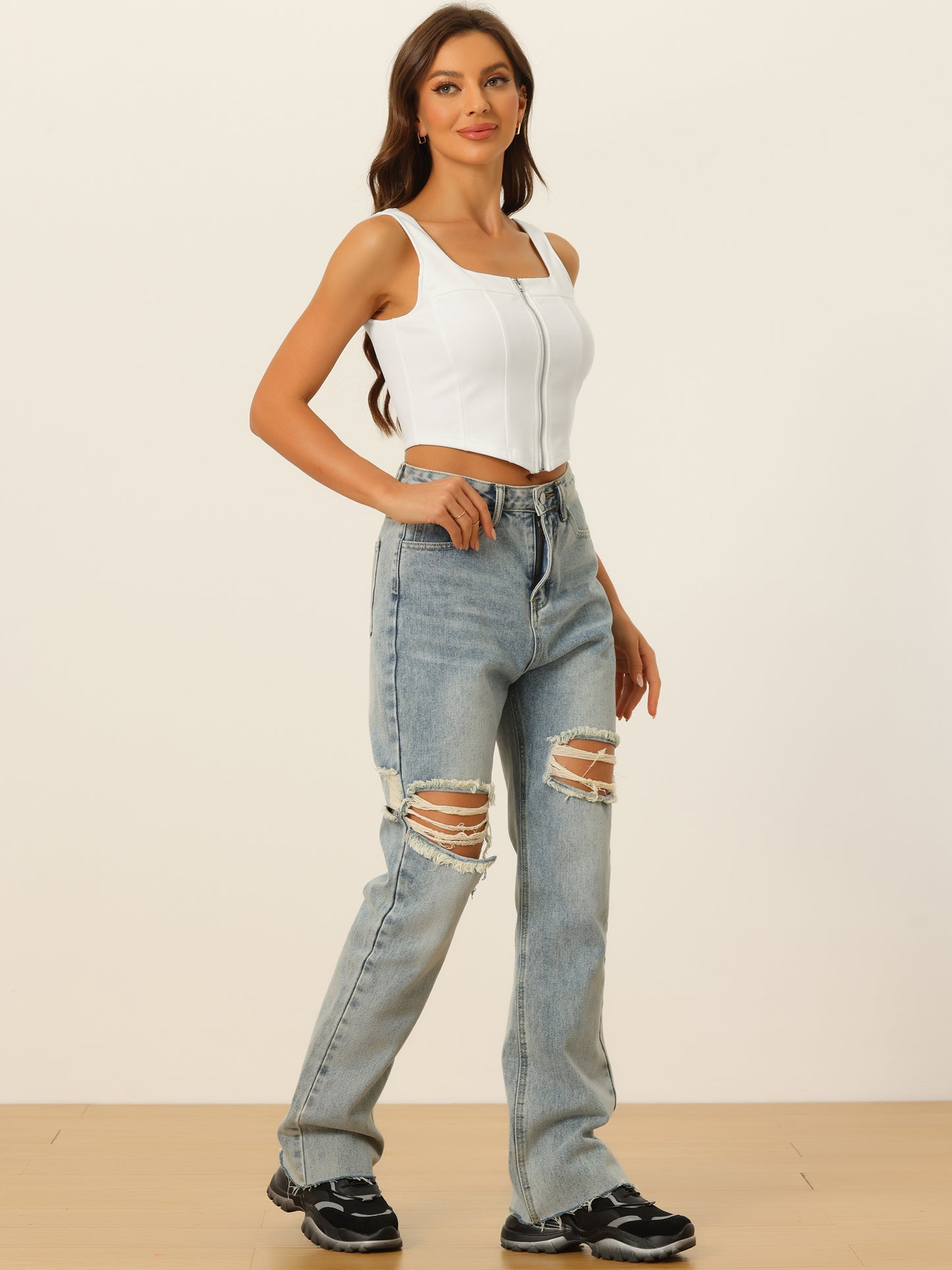 Women's Square Neck Asymmetrical Hem Zip Front Crop Cami Tank Top