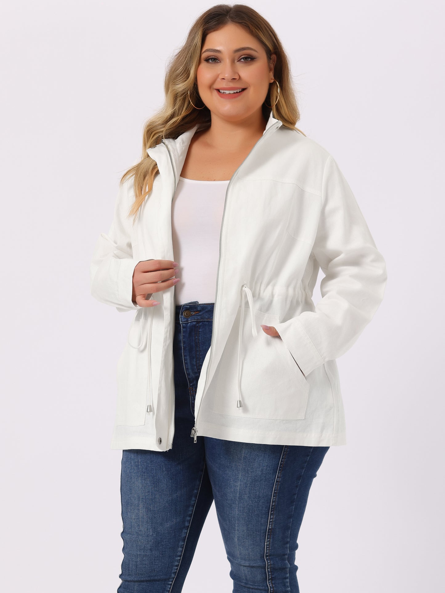 Women's Plus Size Jackets Lightweight Anorak Drawstring Utility Jacket with Pockets