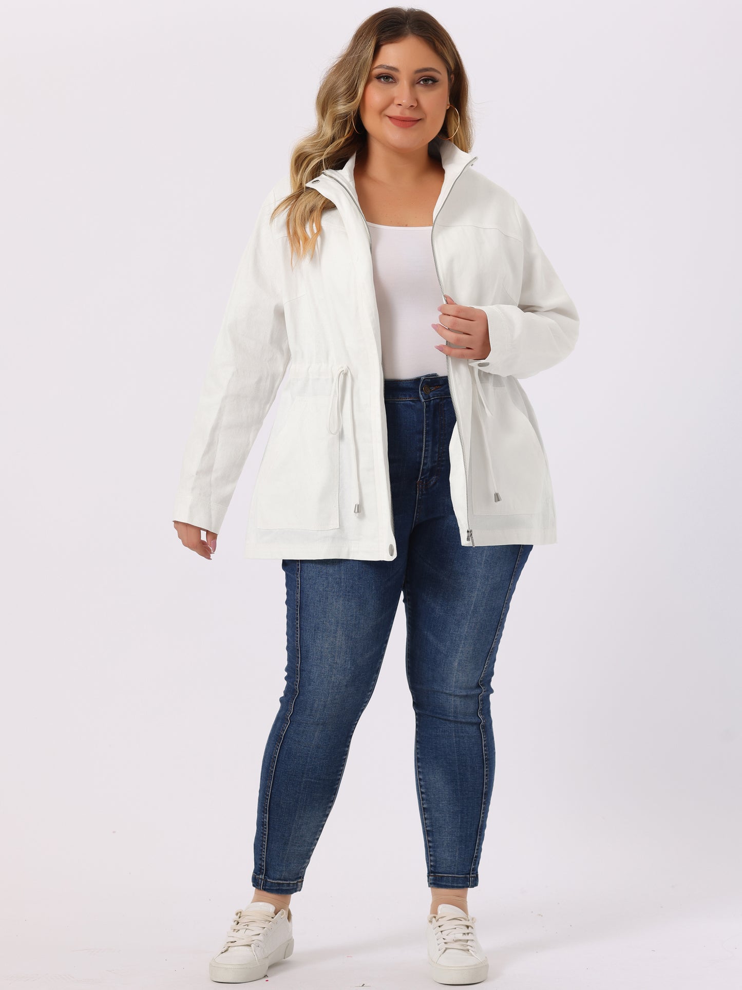 Women's Plus Size Jackets Lightweight Anorak Drawstring Utility Jacket with Pockets