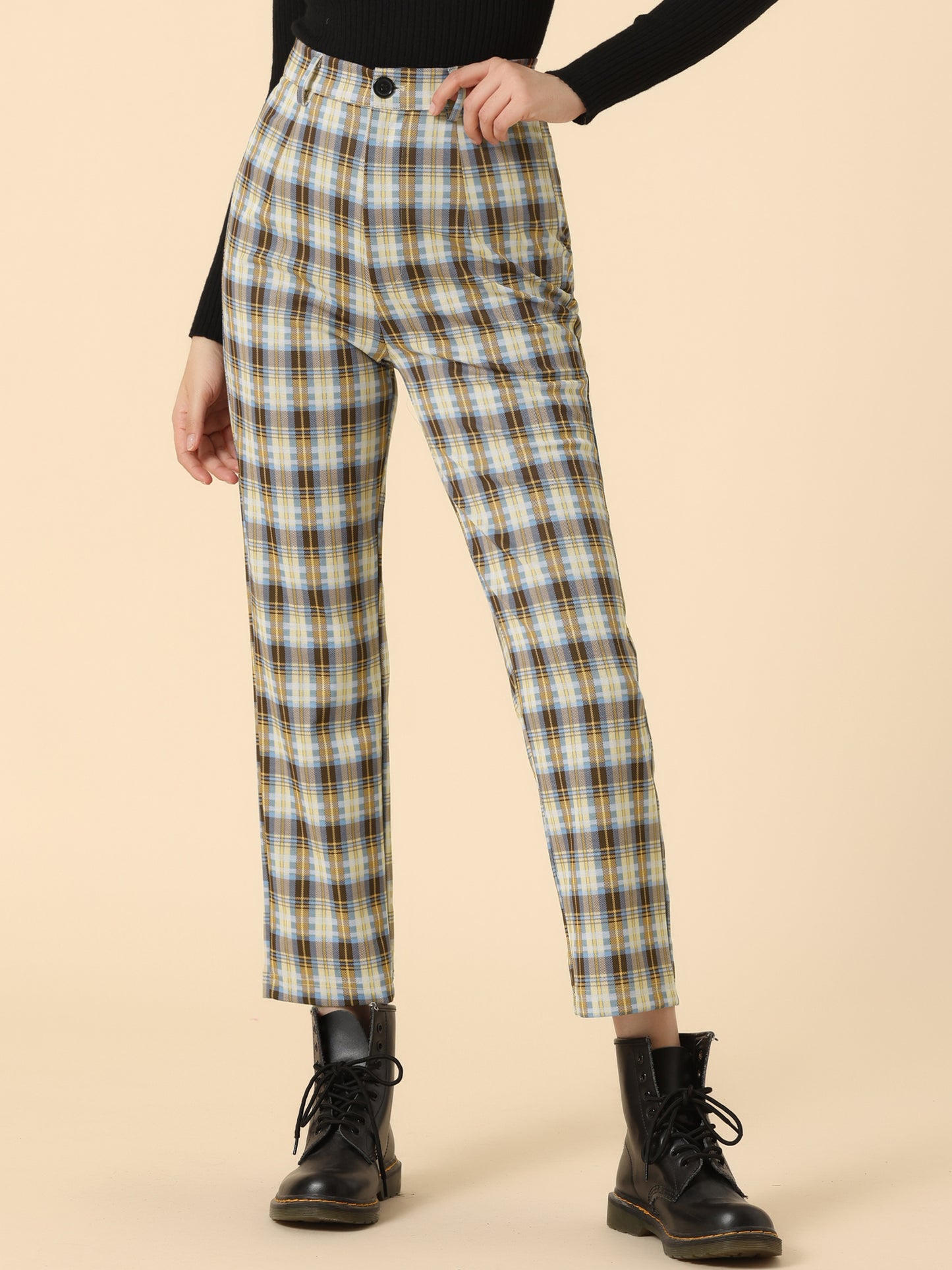 Women's Plaid Cropped Trousers Button Casual Tartan Check Work Pants