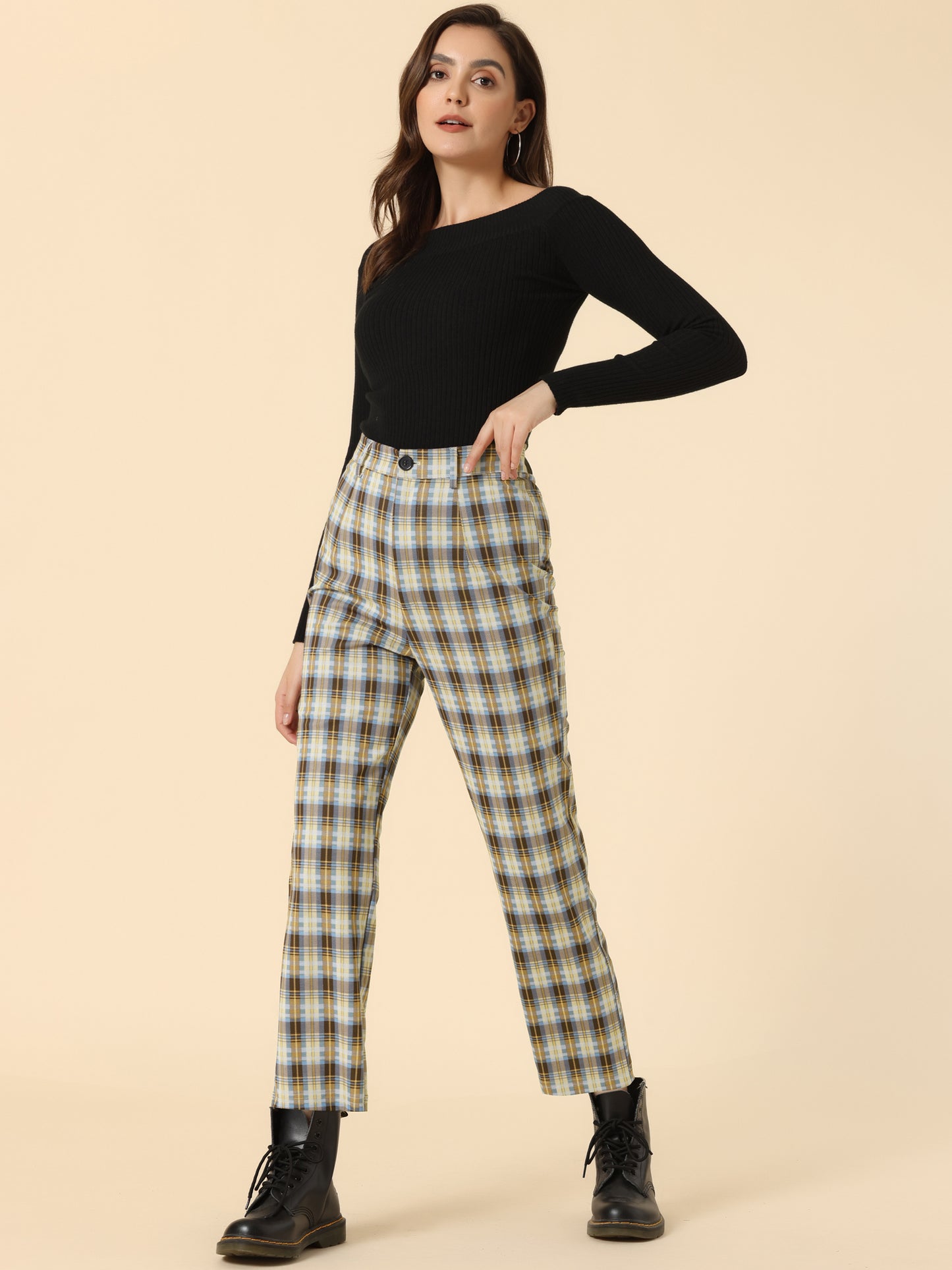 Women's Plaid Cropped Trousers Button Casual Tartan Check Work Pants