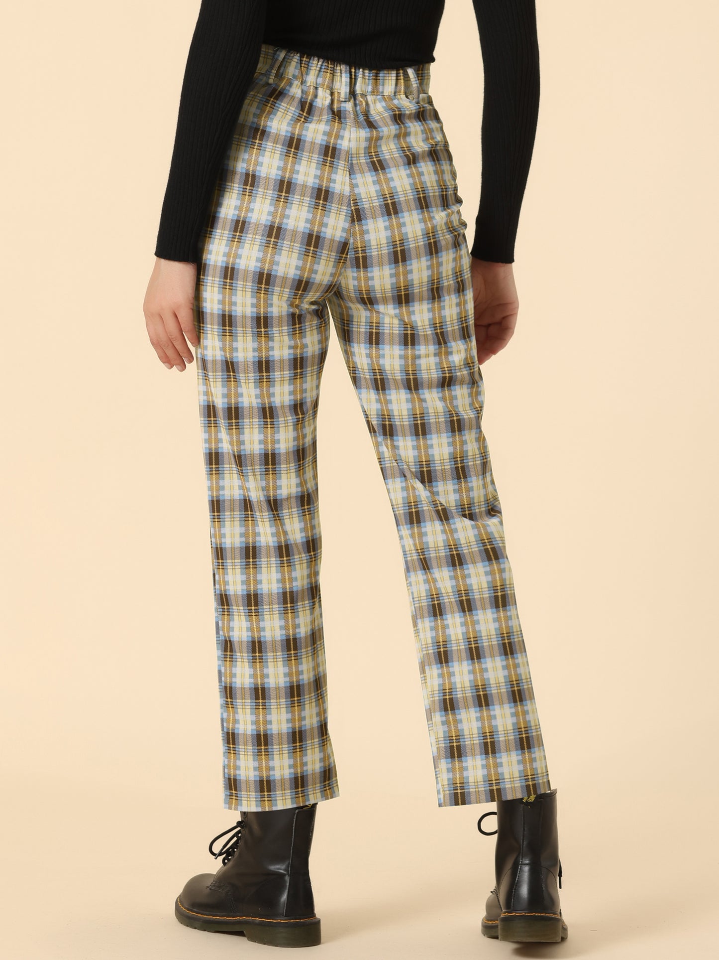 Women's Plaid Cropped Trousers Button Casual Tartan Check Work Pants