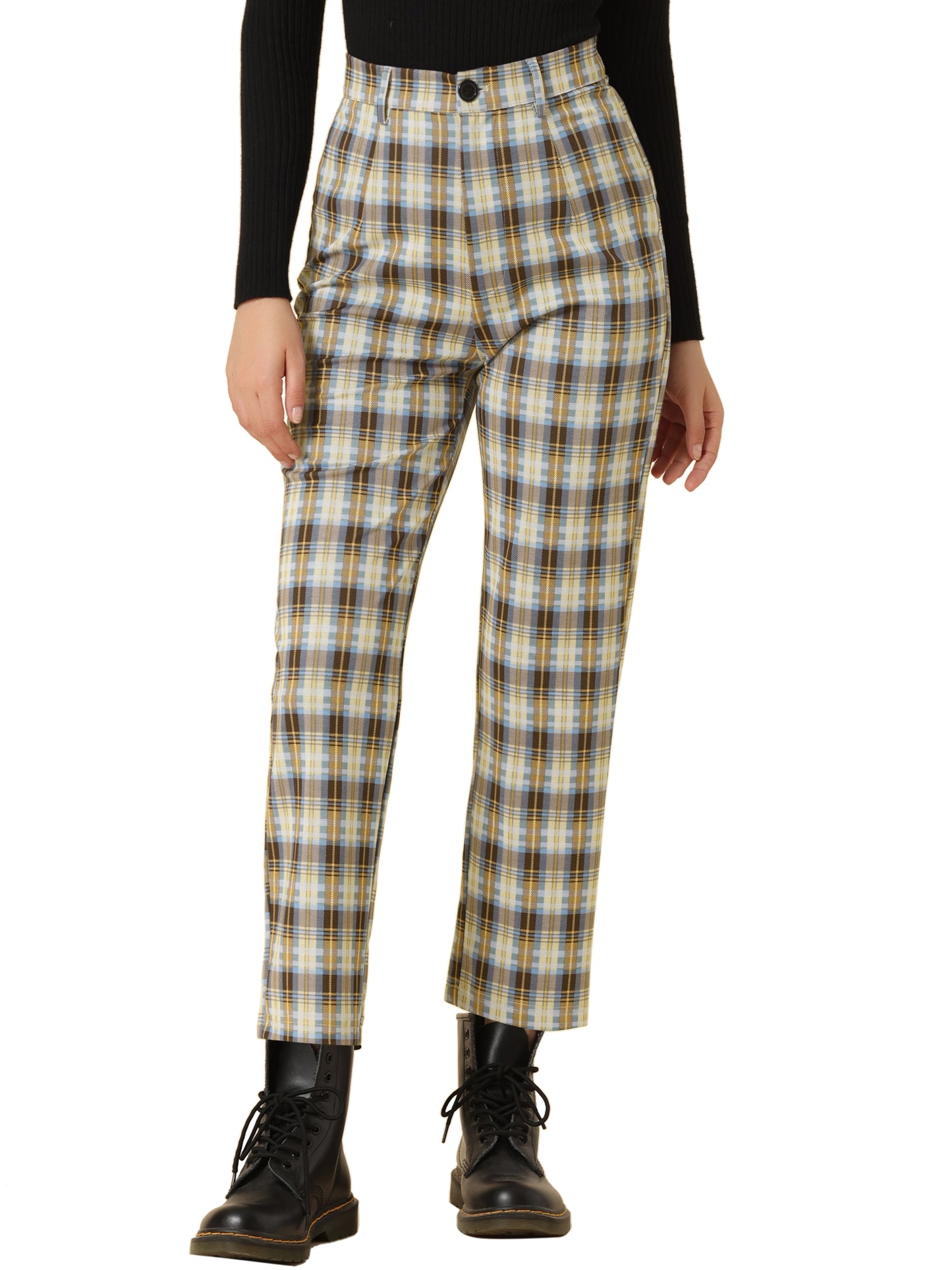 Women's Plaid Cropped Trousers Button Casual Tartan Check Work Pants