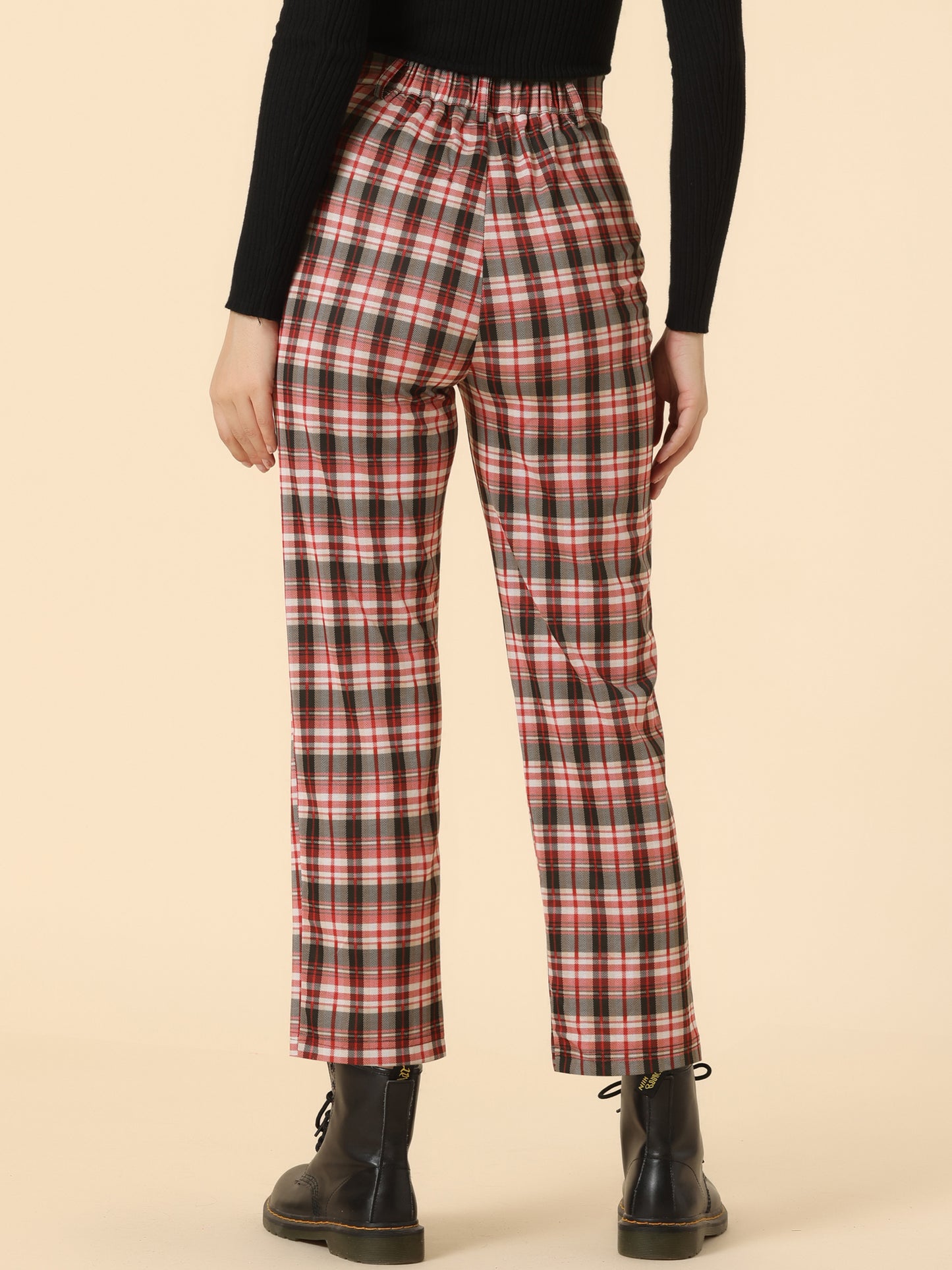 Women's Plaid Cropped Trousers Button Casual Tartan Check Work Pants