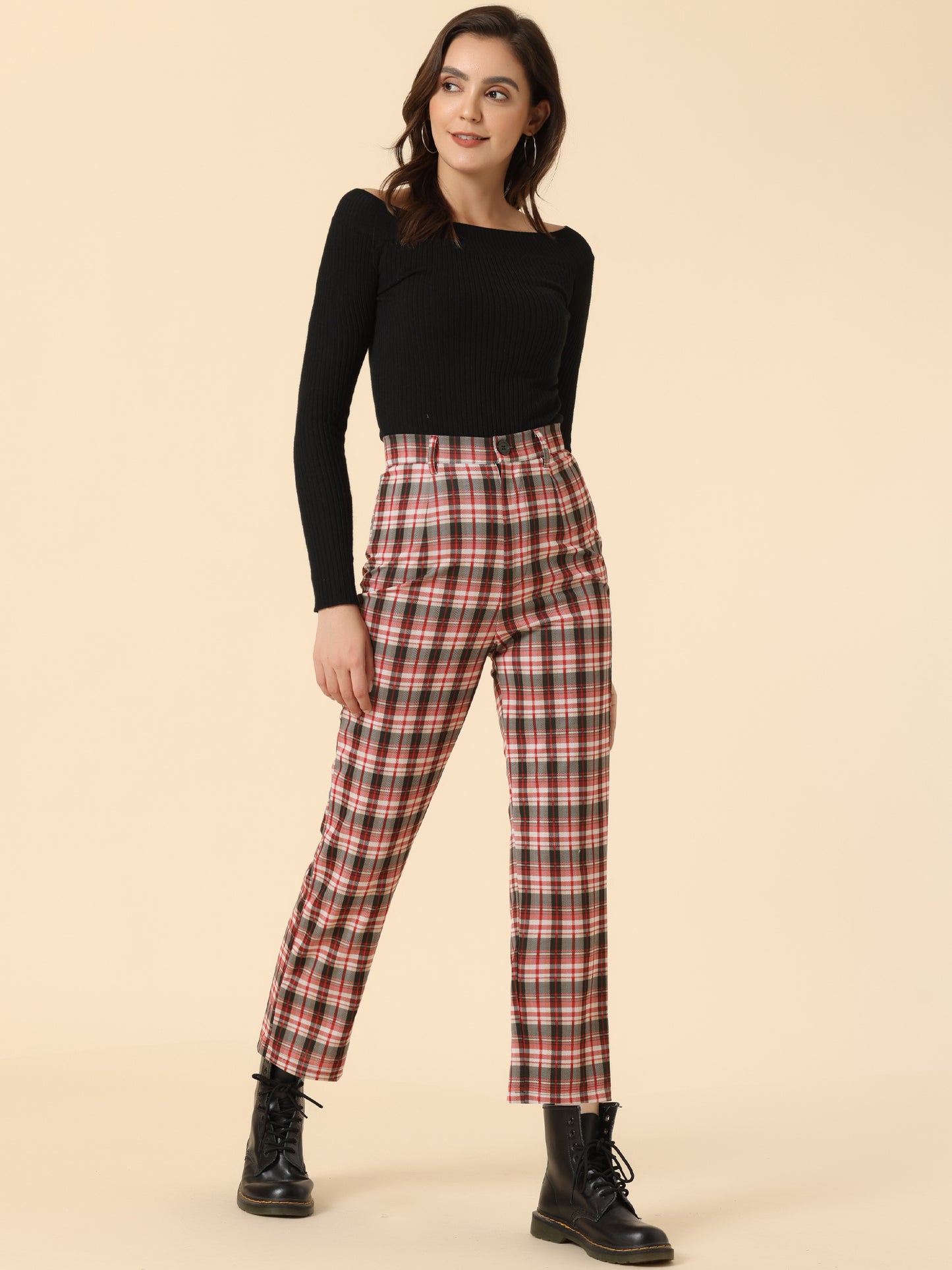 Women's Plaid Cropped Trousers Button Casual Tartan Check Work Pants