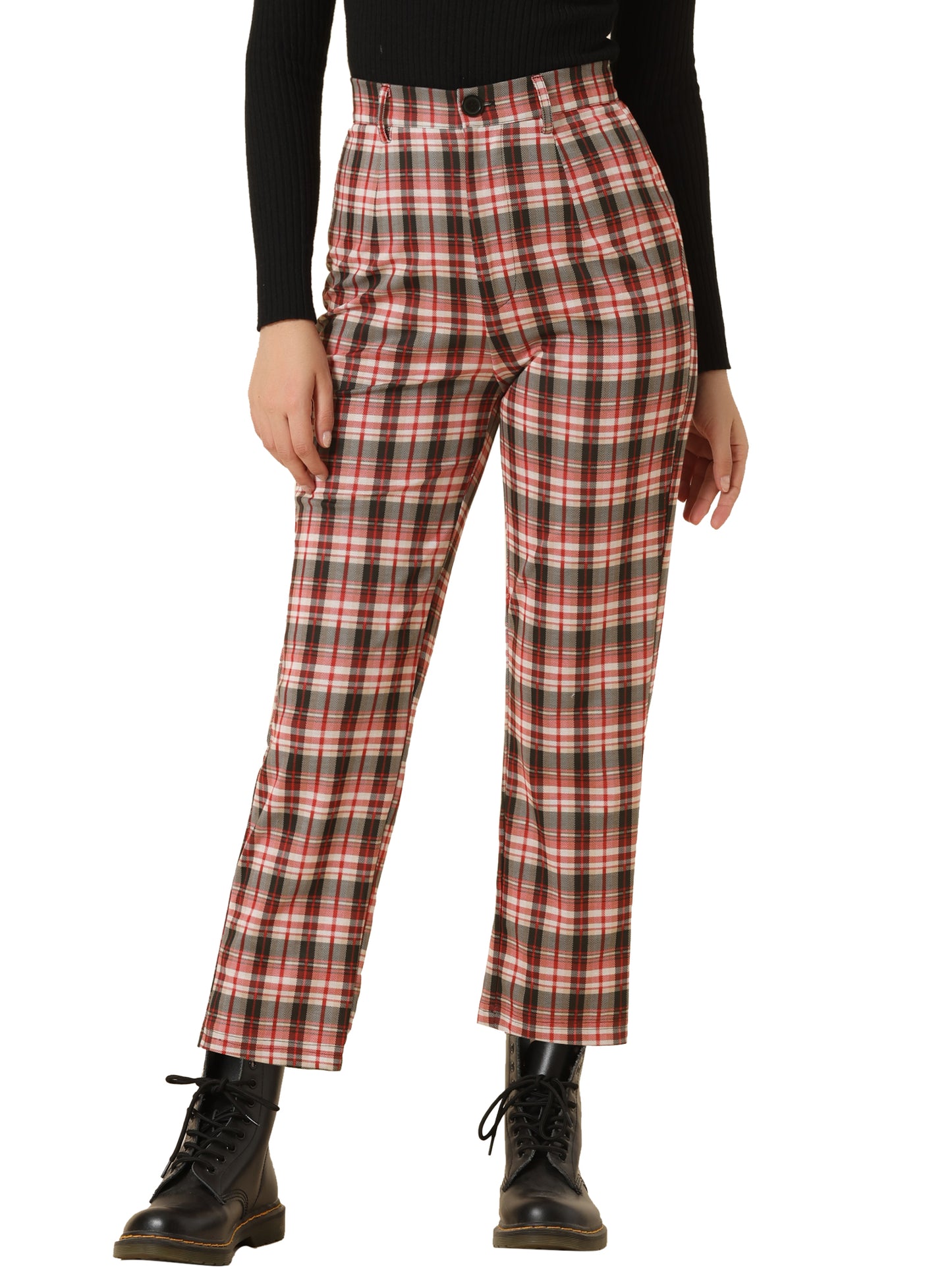 Women's Plaid Cropped Trousers Button Casual Tartan Check Work Pants