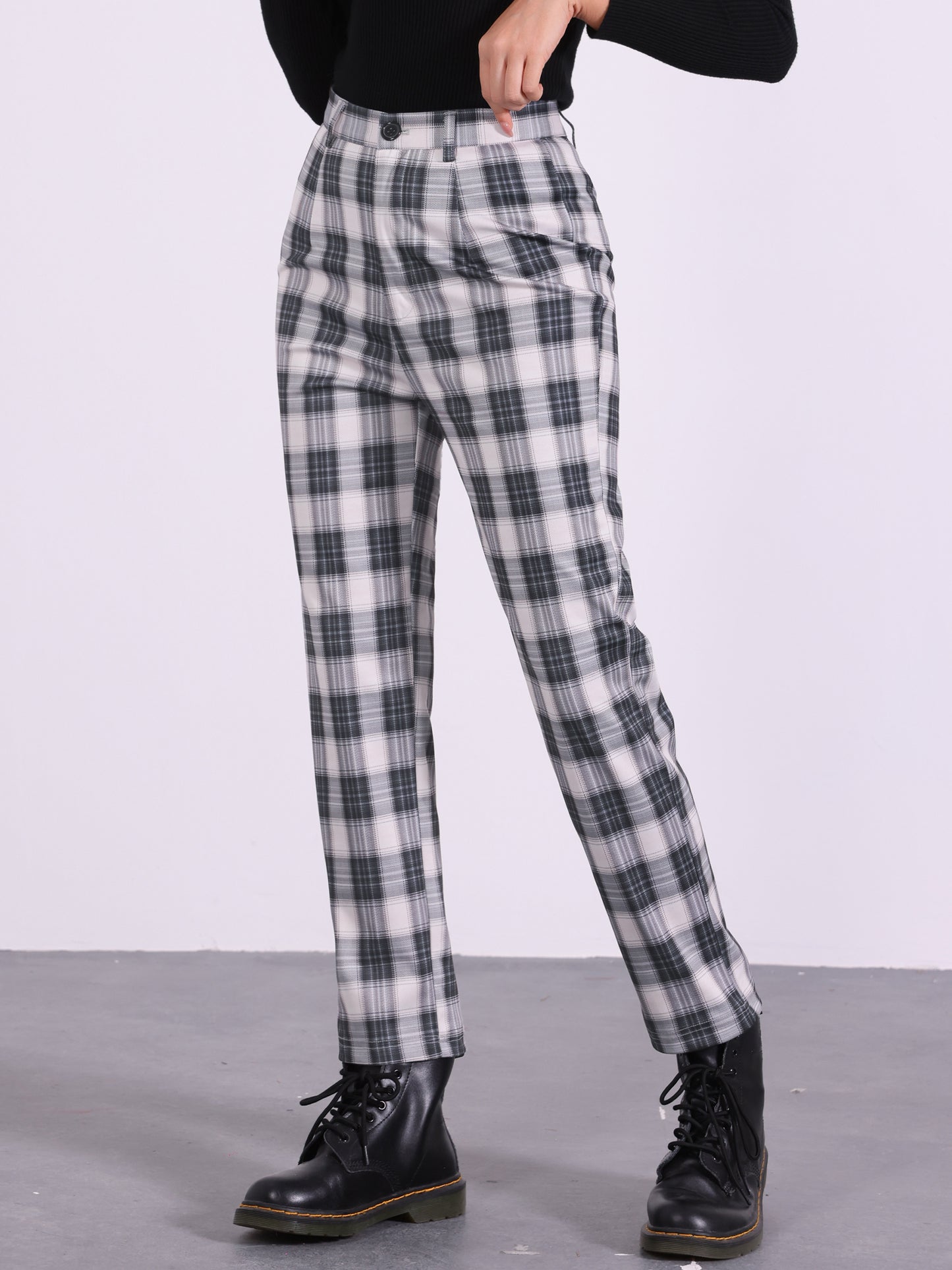 Women's Plaid Cropped Trousers Button Casual Tartan Check Work Pants