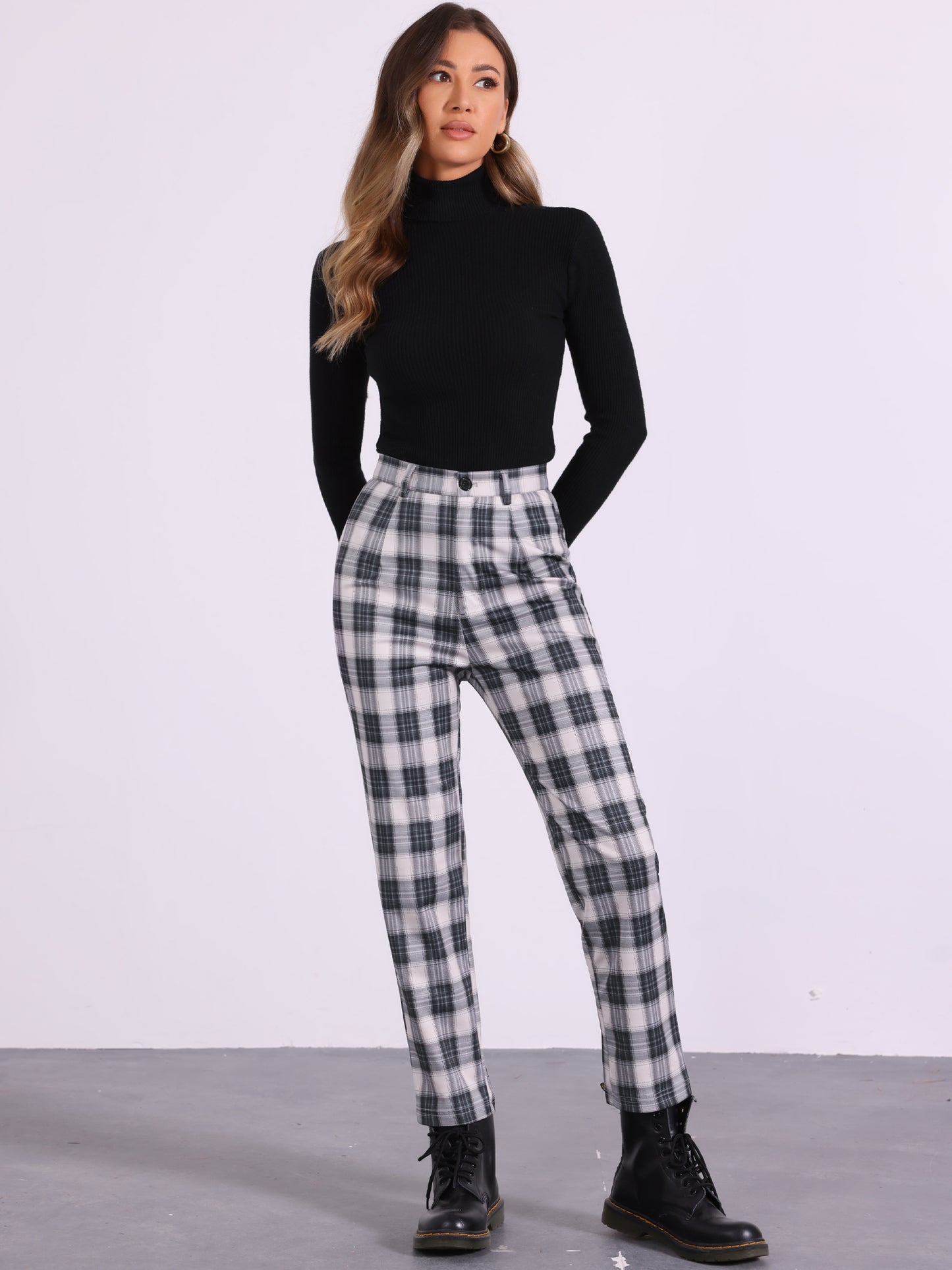 Women's Plaid Cropped Trousers Button Casual Tartan Check Work Pants