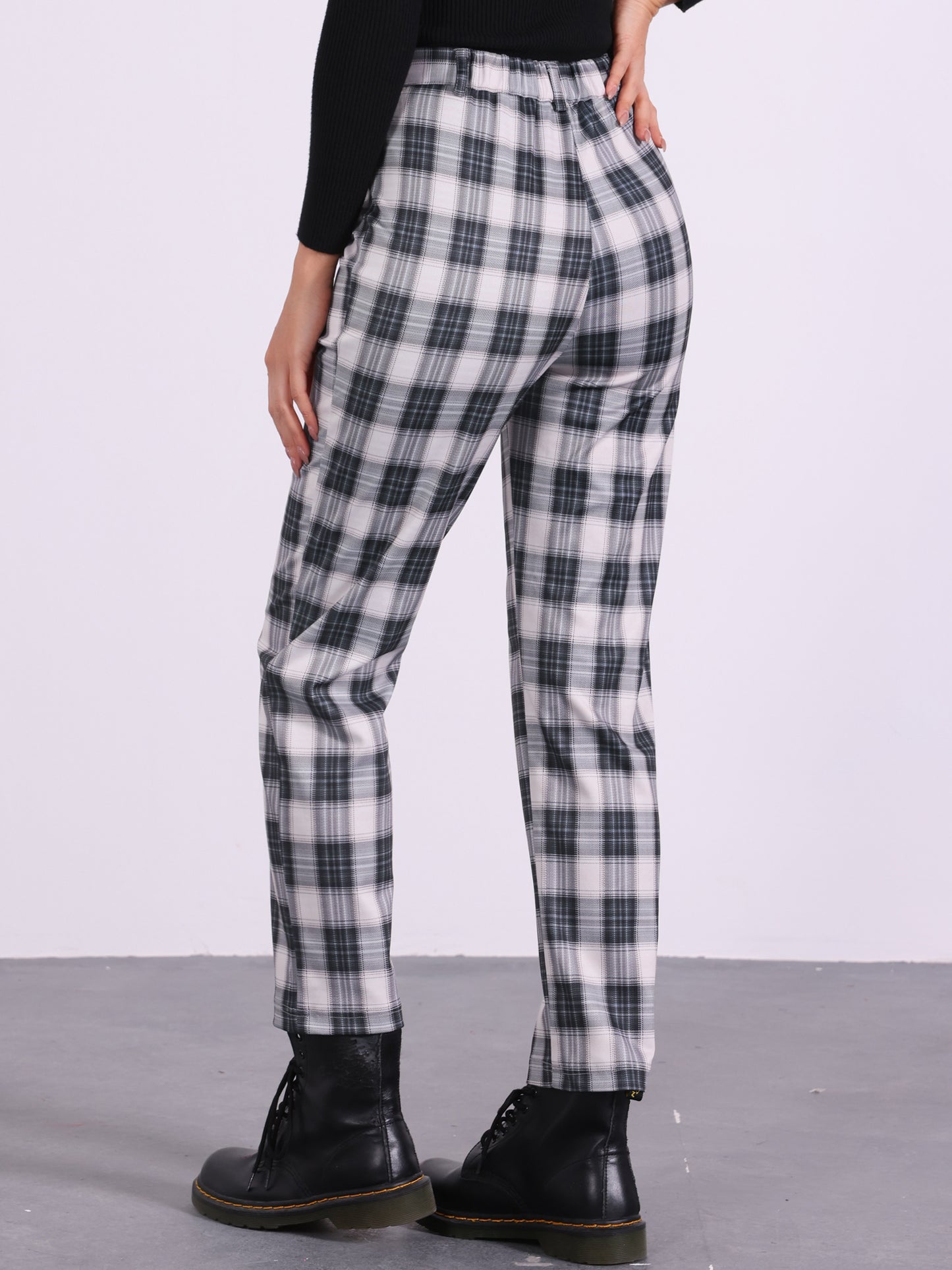 Women's Plaid Cropped Trousers Button Casual Tartan Check Work Pants
